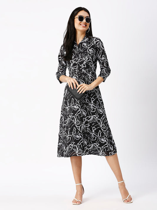 Noia Women Abstract Black Floral Midi Dress