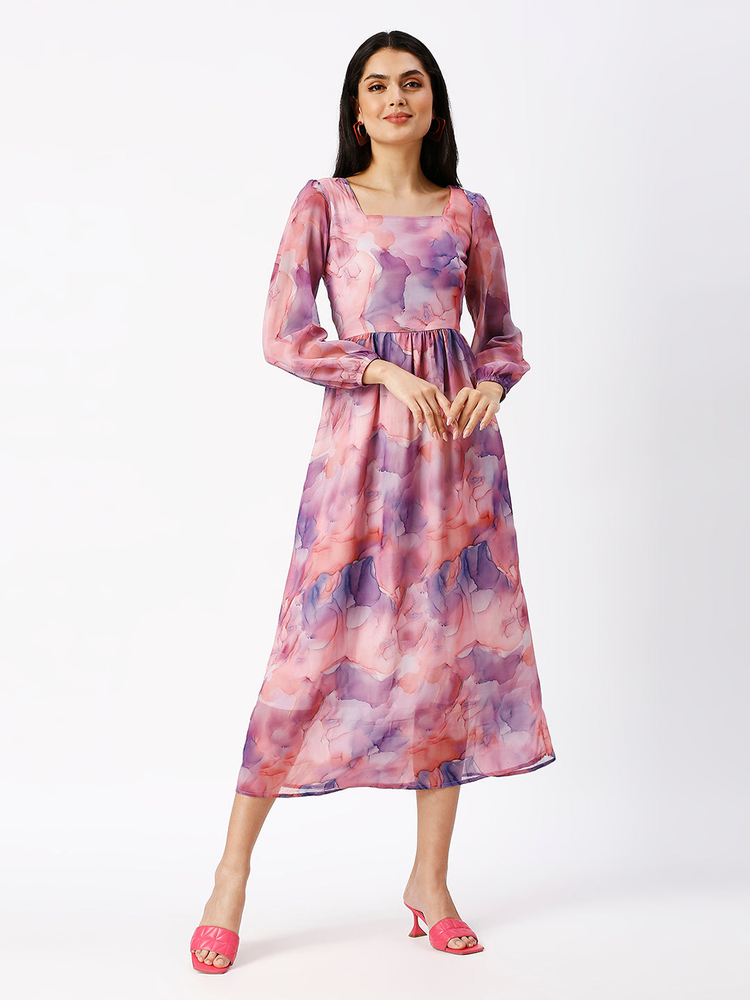 Noia Women Abstact Printed Square Neck Midi Dress