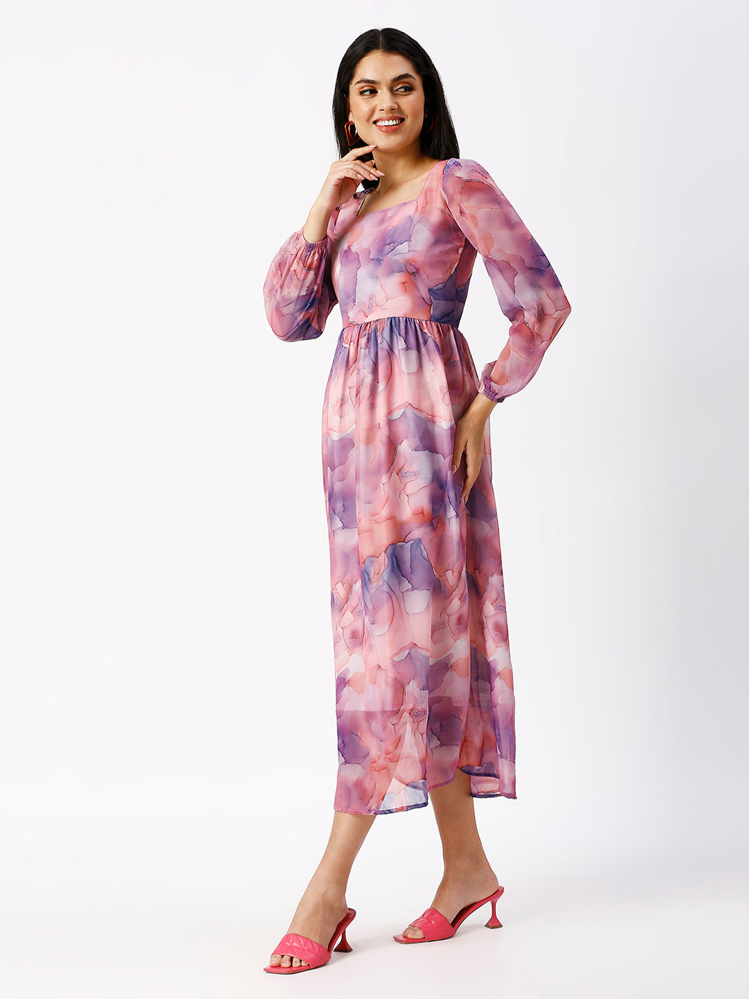 Noia Women Abstact Printed Square Neck Midi Dress
