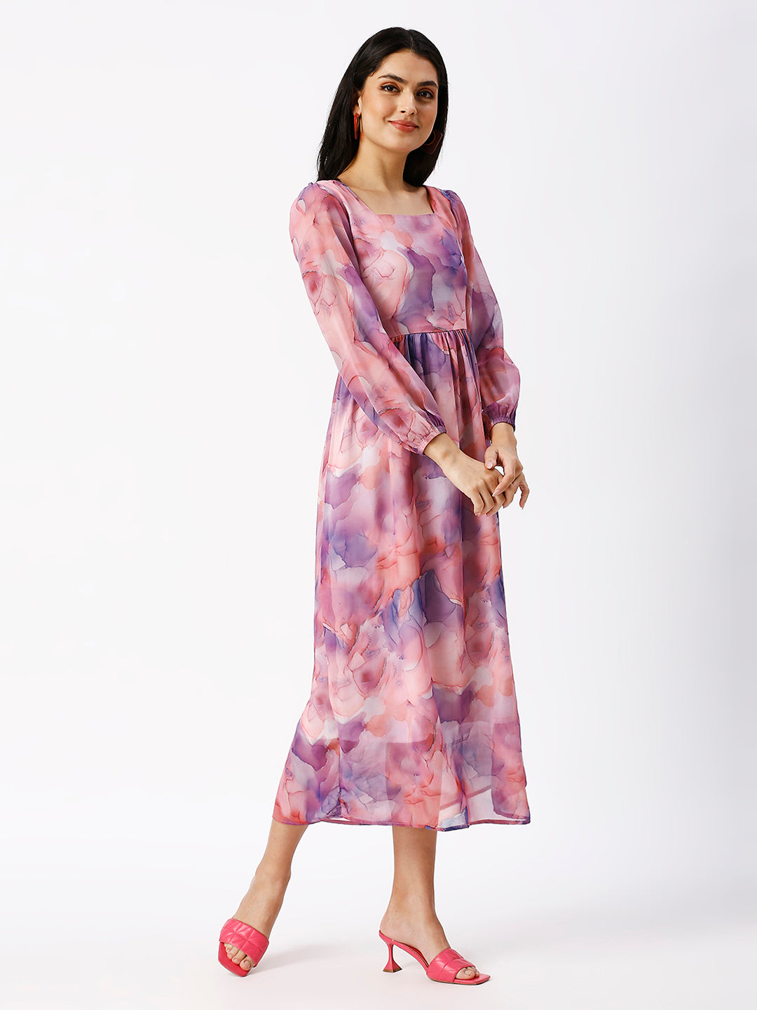 Noia Women Abstact Printed Square Neck Midi Dress