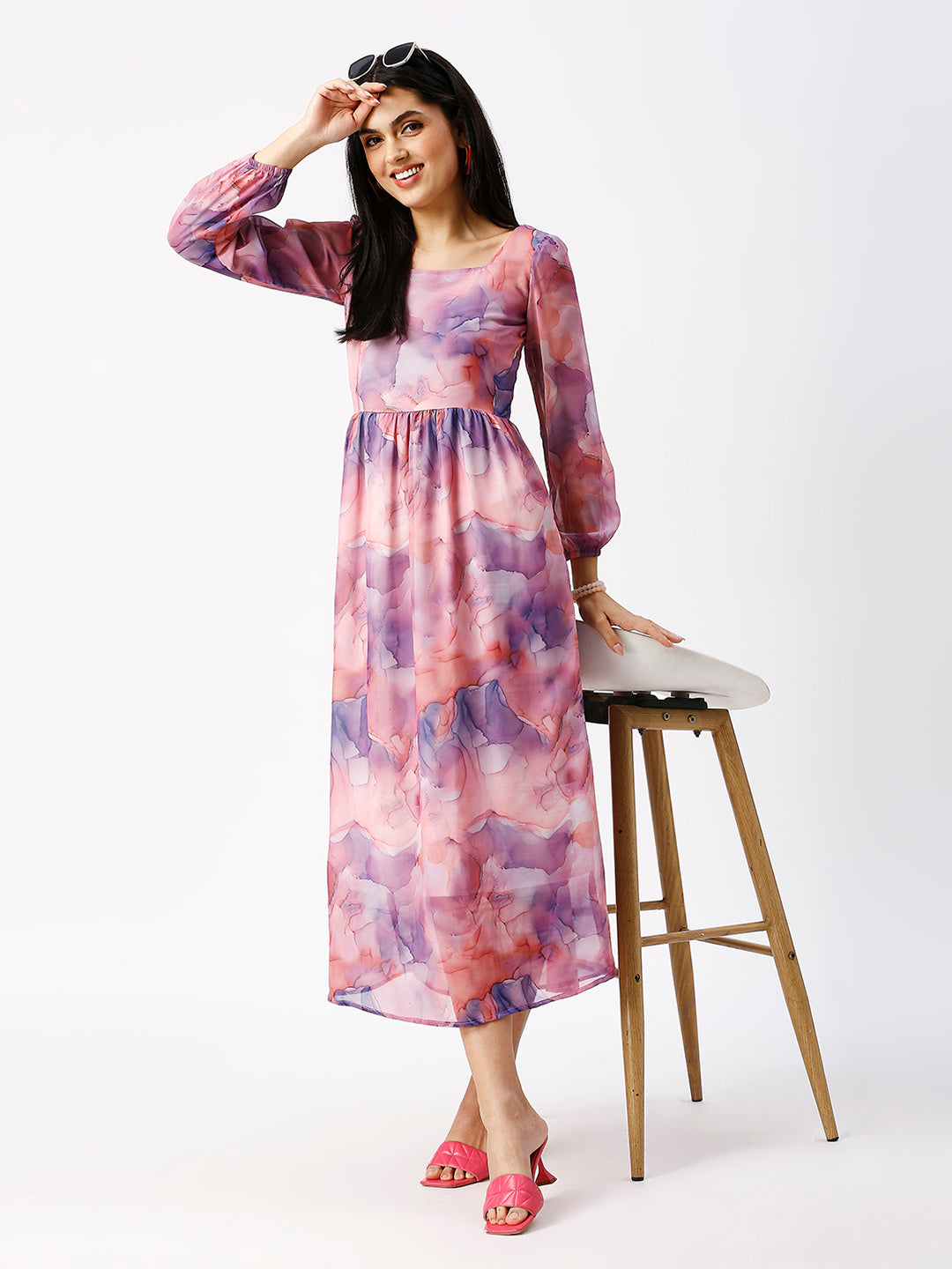 Noia Women Abstact Printed Square Neck Midi Dress