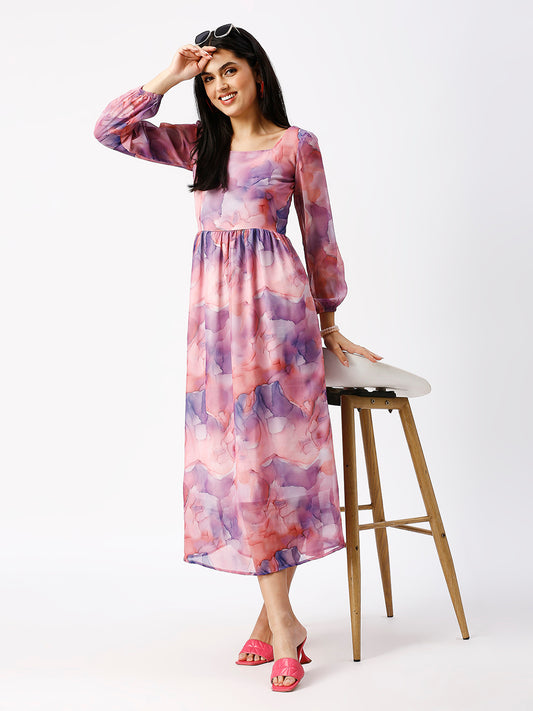 Noia Women Abstact Printed Square Neck Midi Dress