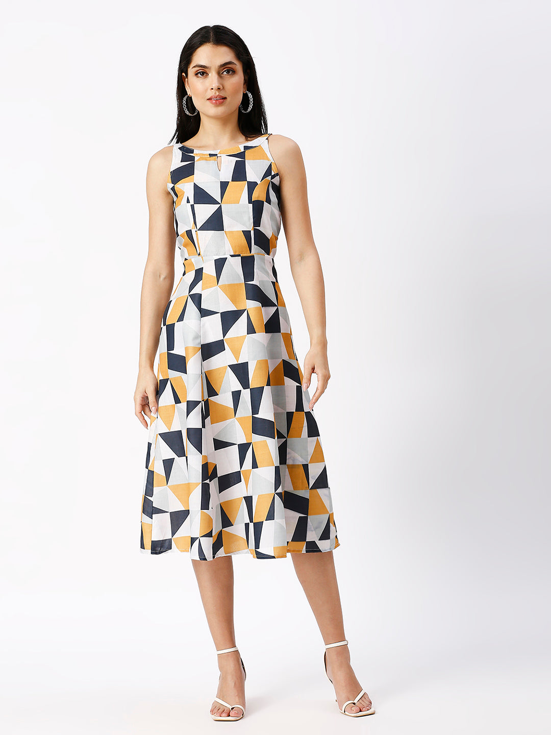 Noia Women White and Multi Geometric Printed Midi Dress
