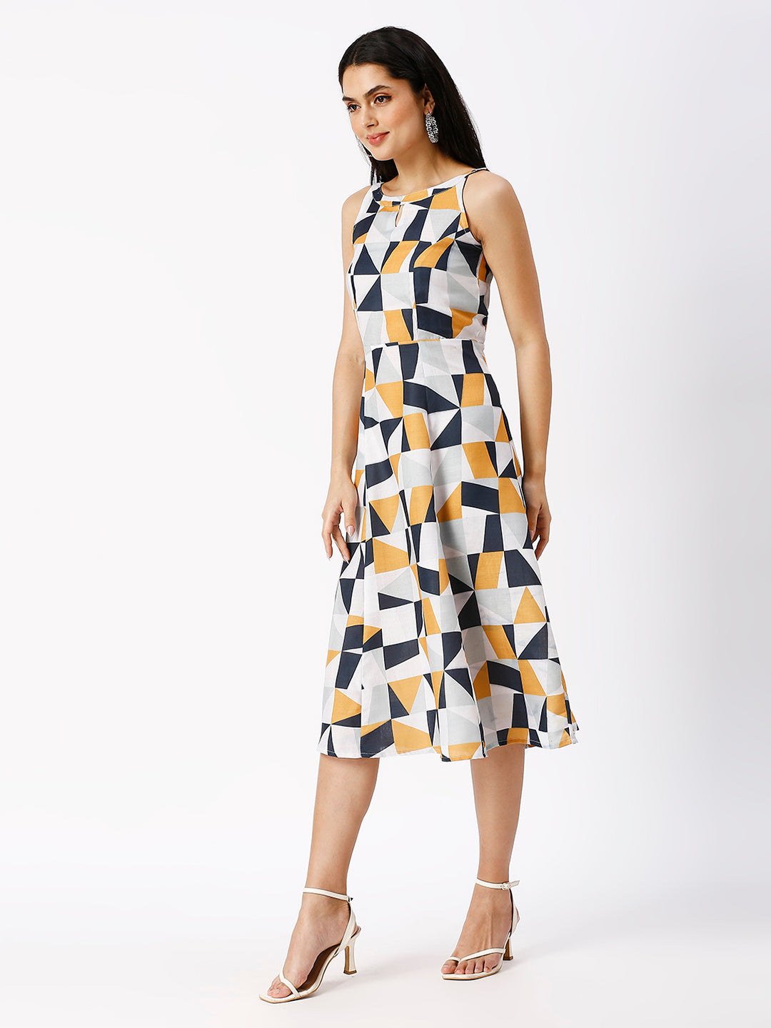 Noia Women White and Multi Geometric Printed Midi Dress