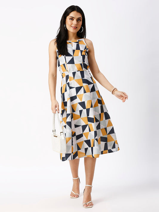 Noia Women White and Multi Geometric Printed Midi Dress