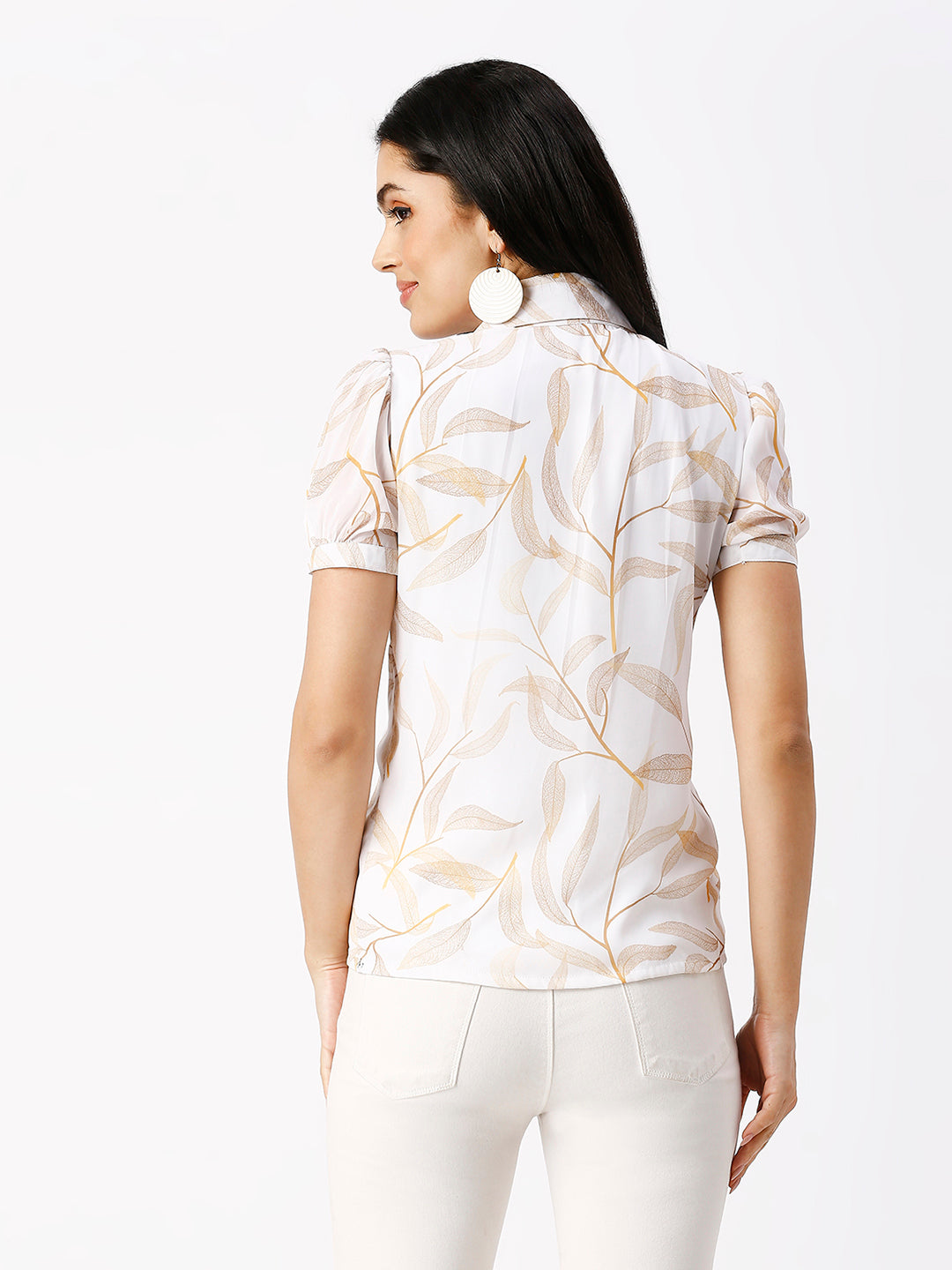 Noia Women White and Gold Floral Short Shirt