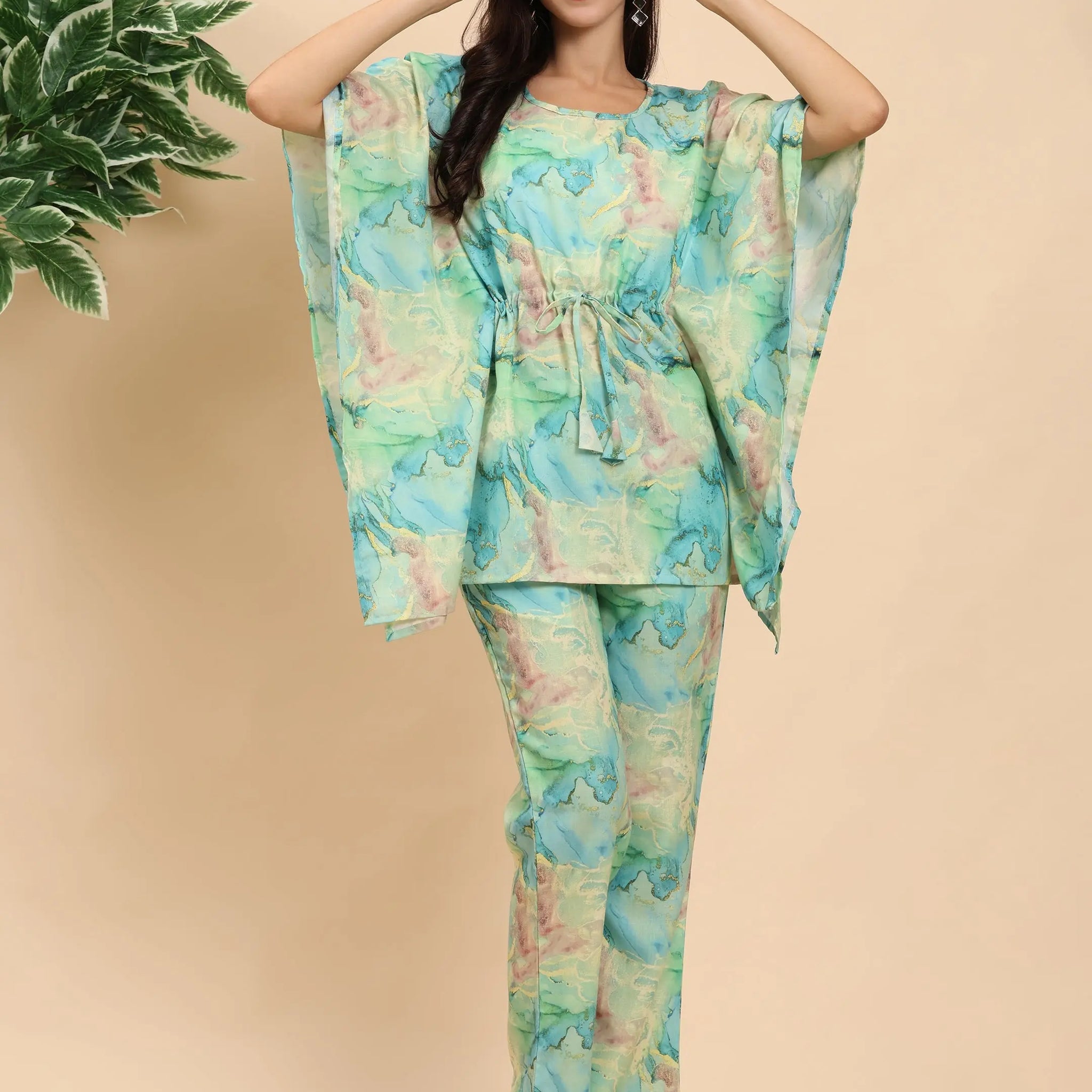 Noia Green & Gold Abstract Kaftan Top with Trousers Noia