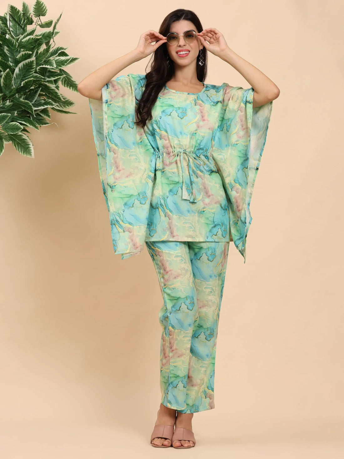 Noia Green & Gold Abstract Kaftan Top with Trousers Noia