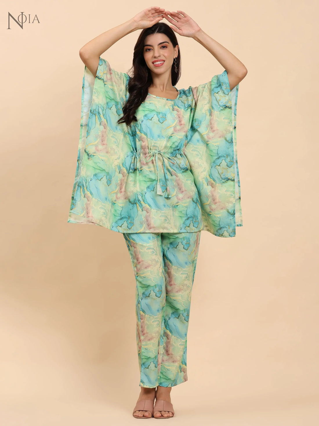 Noia Green & Gold Abstract Kaftan Top with Trousers Noia