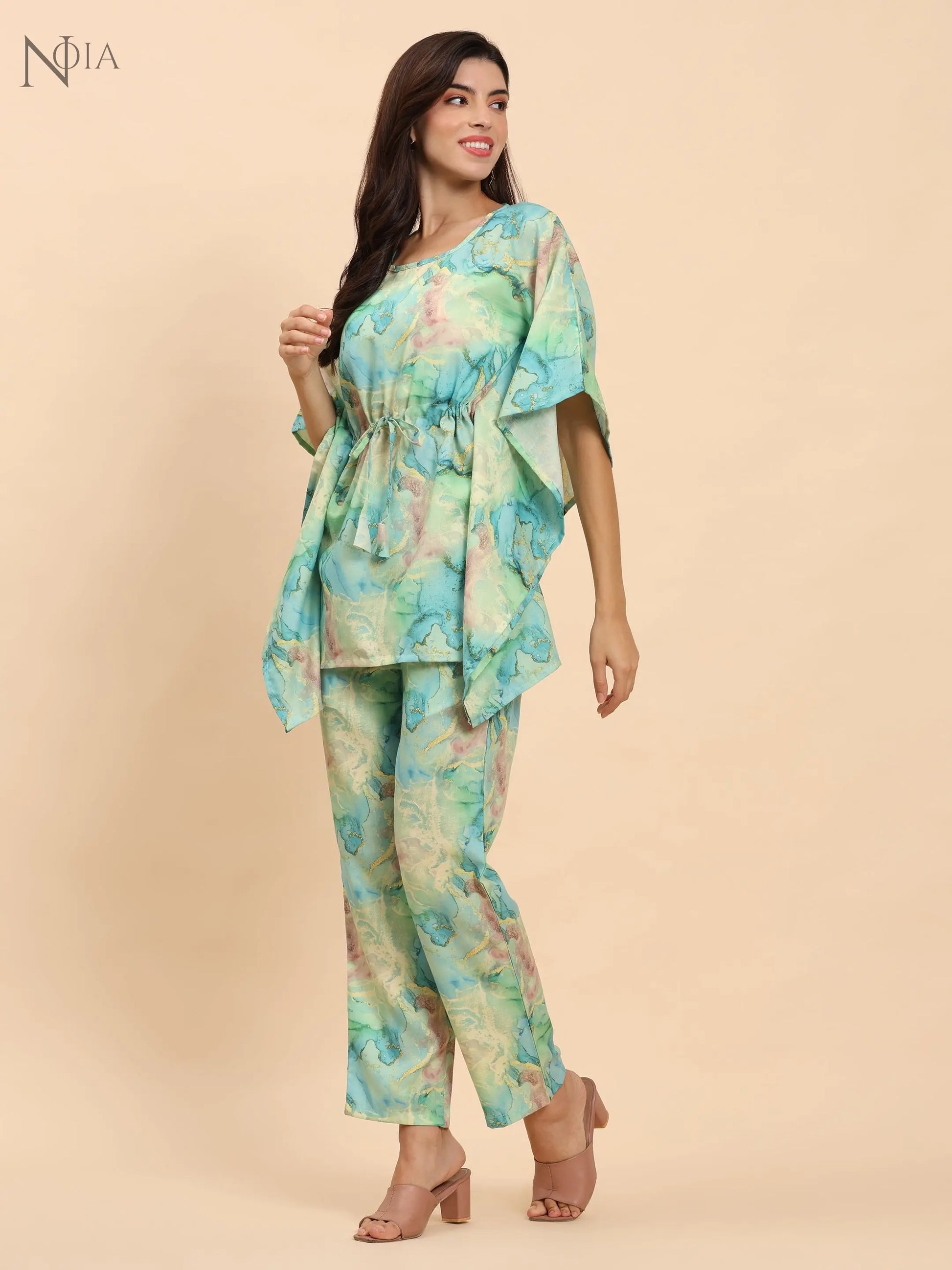 Noia Green & Gold Abstract Kaftan Top with Trousers Noia