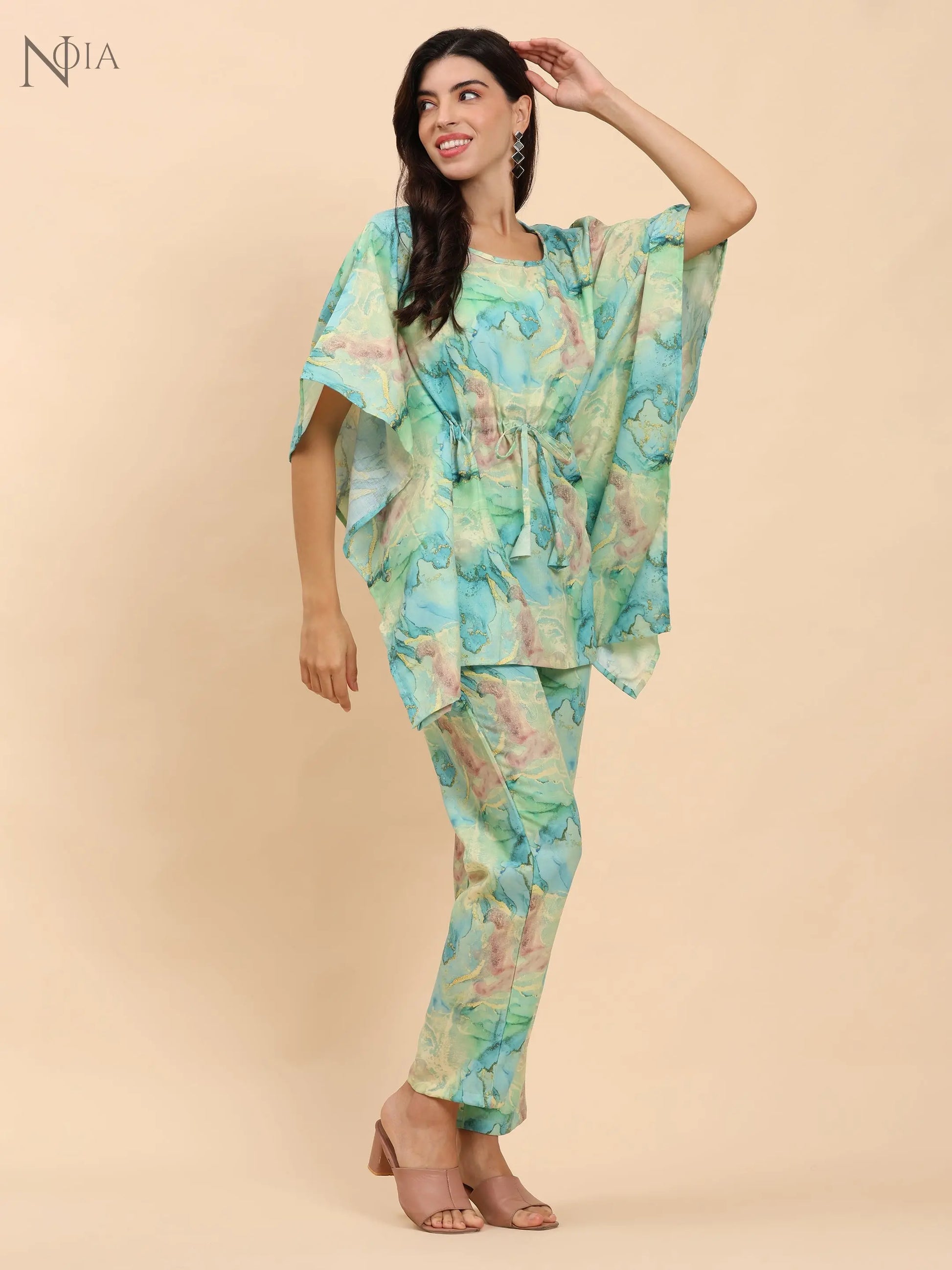 Noia Green & Gold Abstract Kaftan Top with Trousers Noia