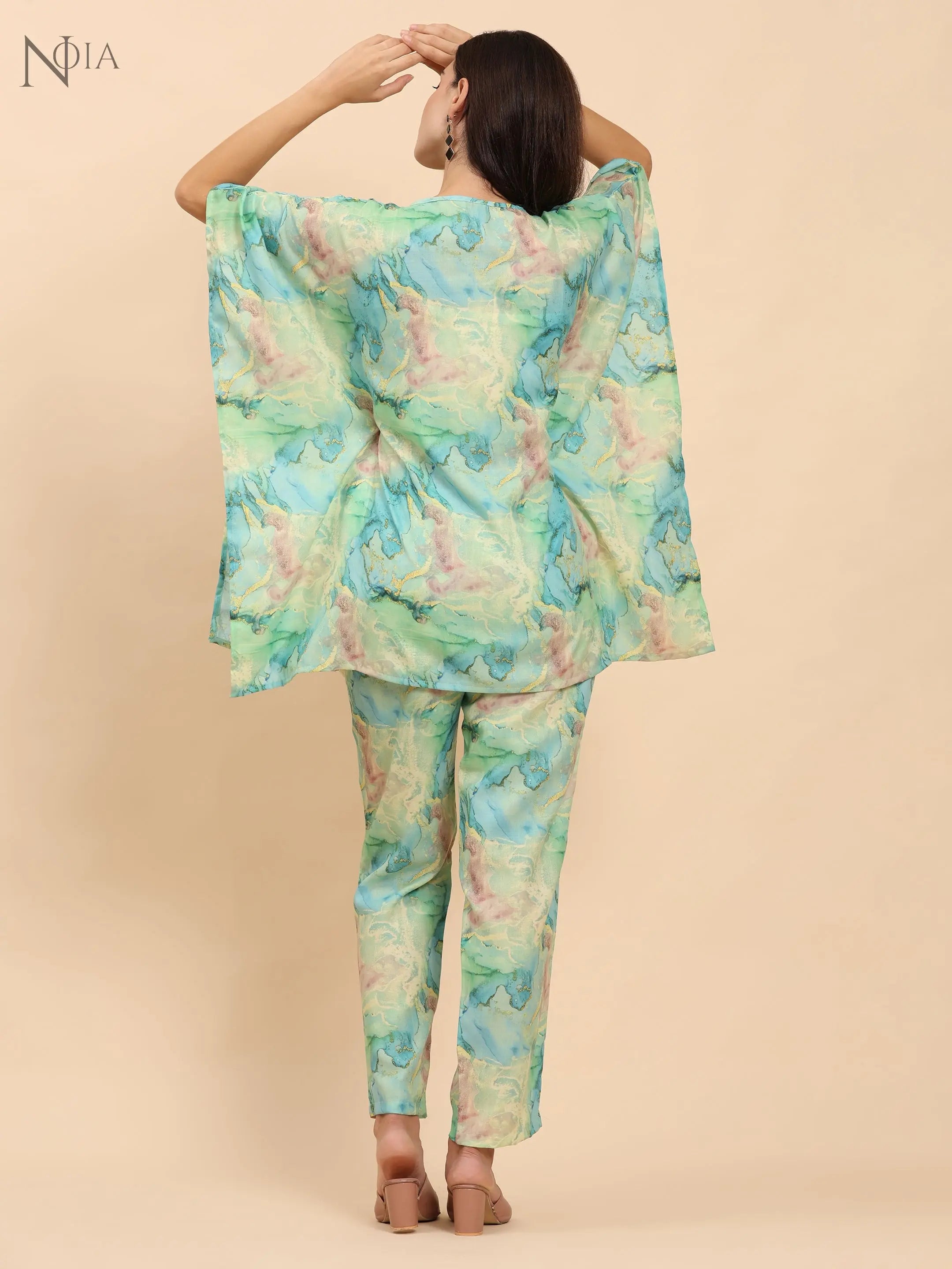 Noia Green & Gold Abstract Kaftan Top with Trousers Noia