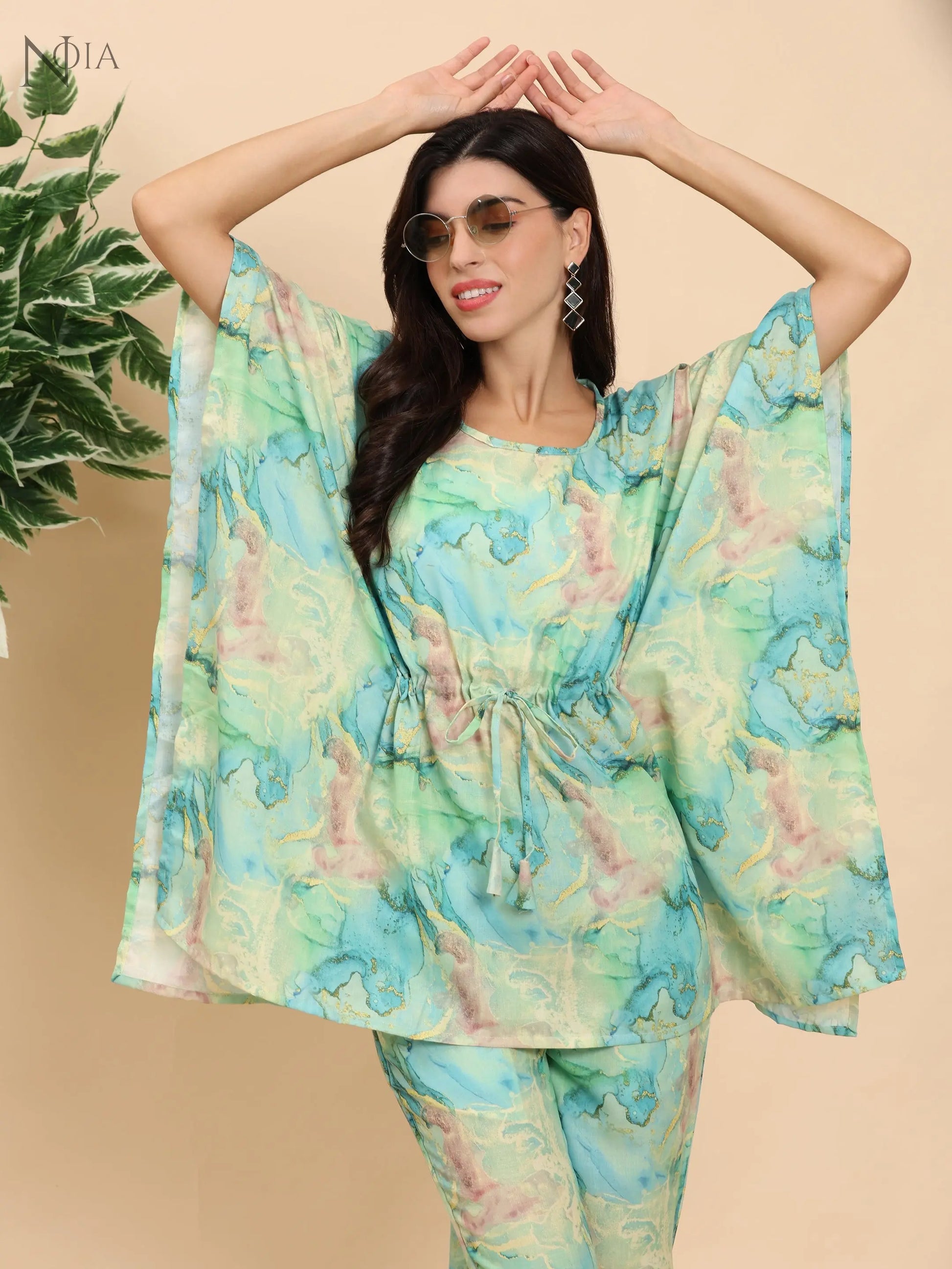 Noia Green & Gold Abstract Kaftan Top with Trousers Noia