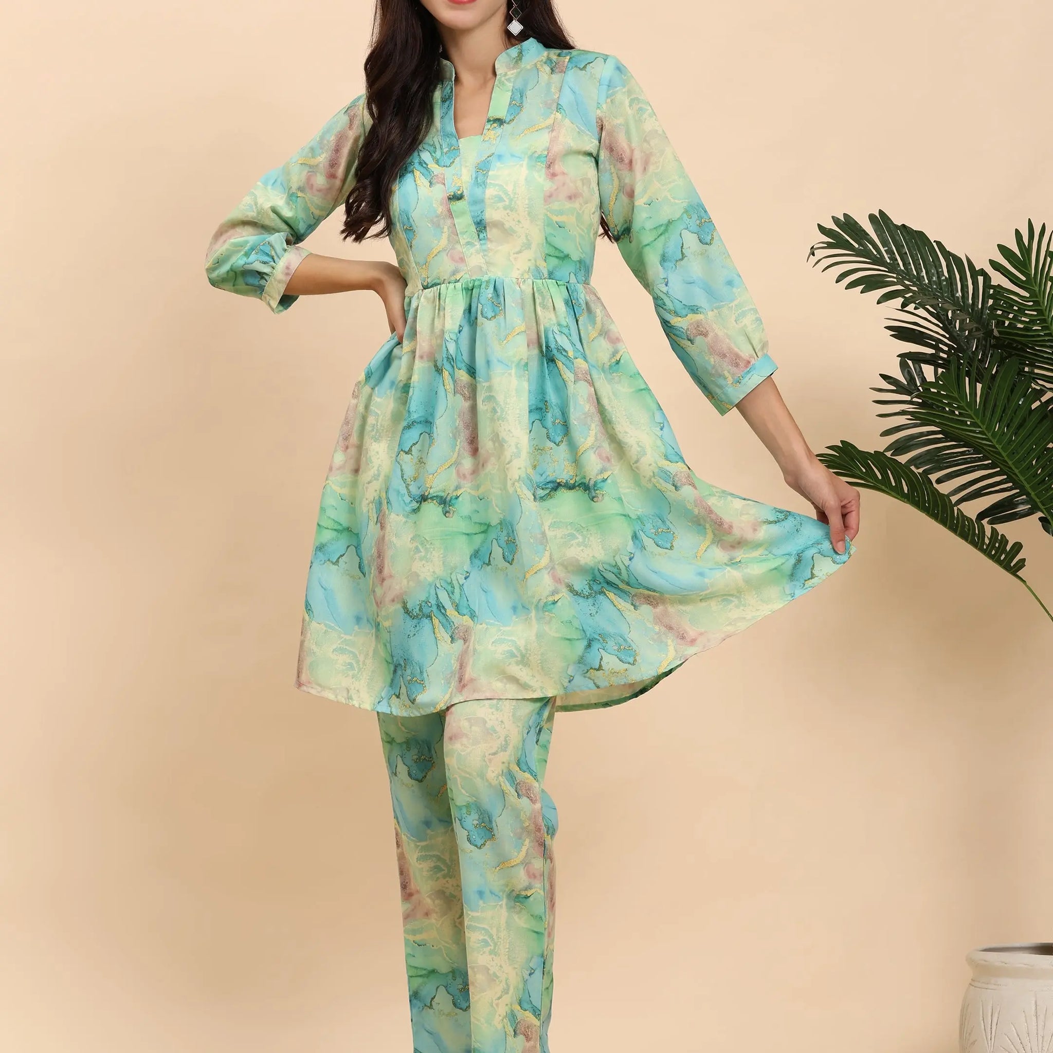 Noia Green & Gold Abstract Long Sleeved V-Neck Top with Trousers Noia