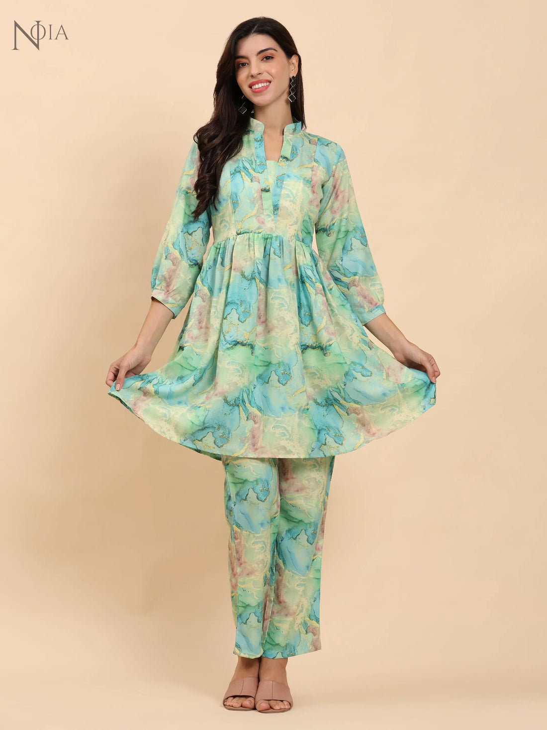 Noia Green & Gold Abstract Long Sleeved V-Neck Top with Trousers Noia