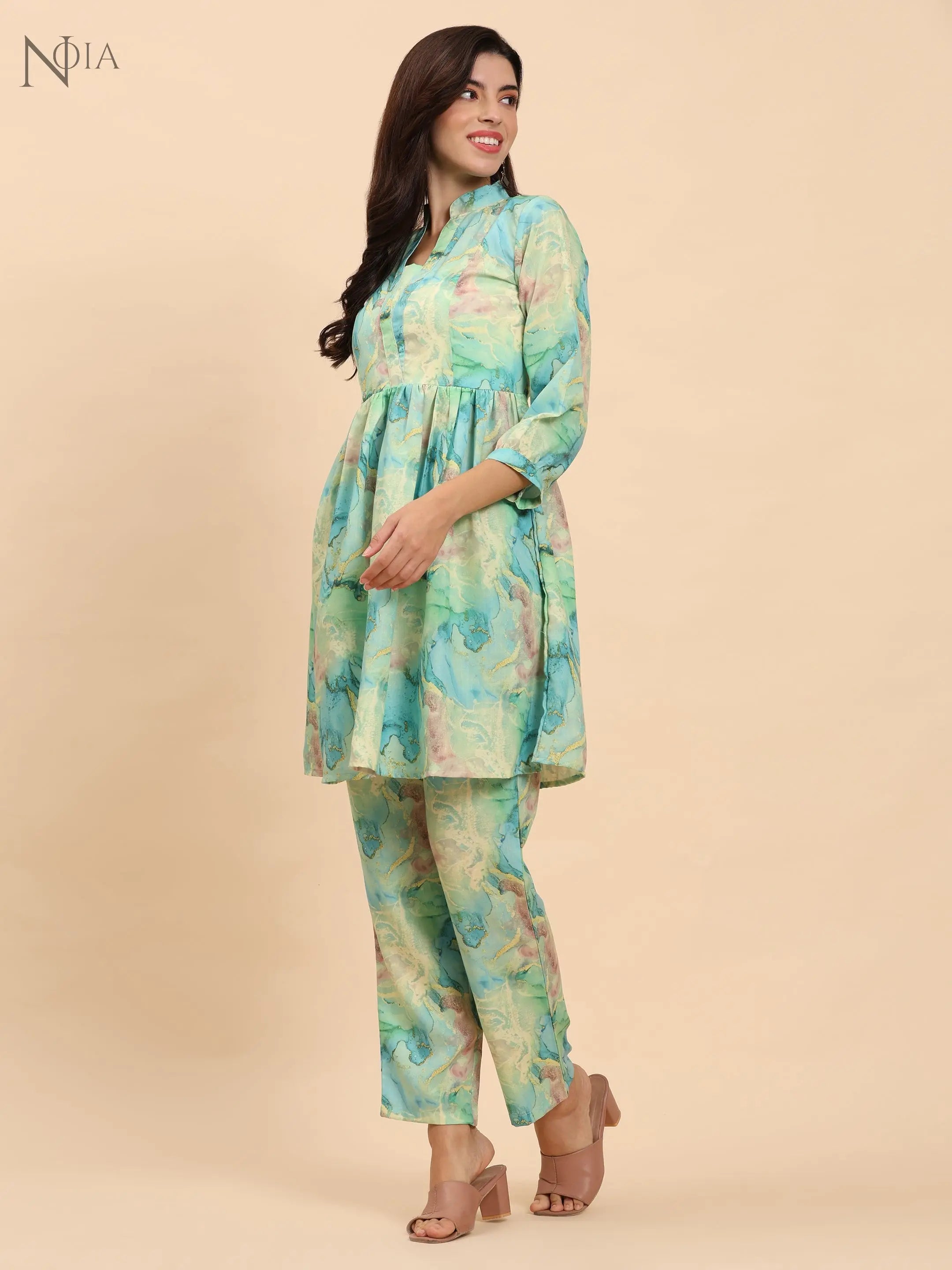 Noia Green & Gold Abstract Long Sleeved V-Neck Top with Trousers Noia