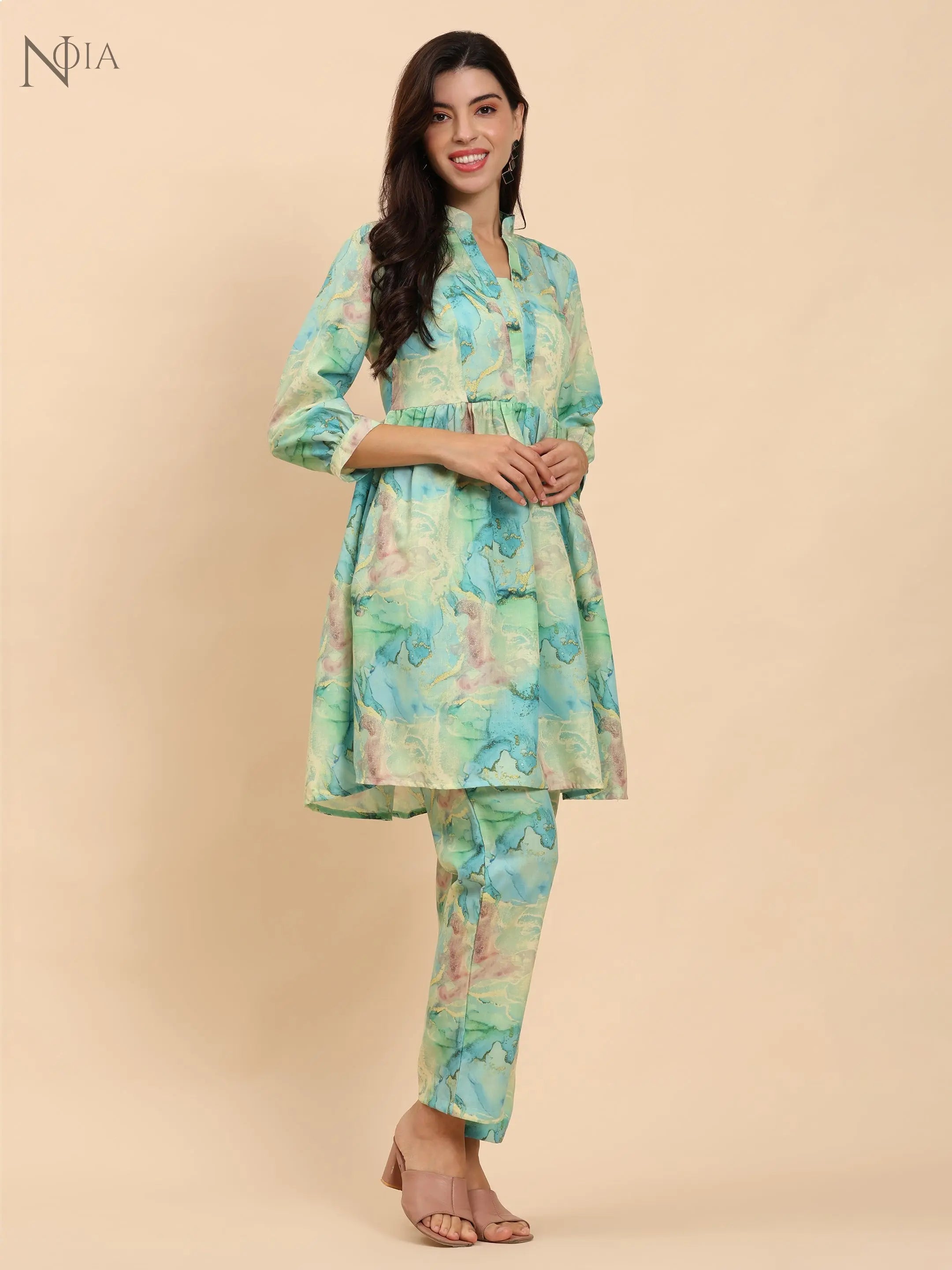 Noia Green & Gold Abstract Long Sleeved V-Neck Top with Trousers Noia