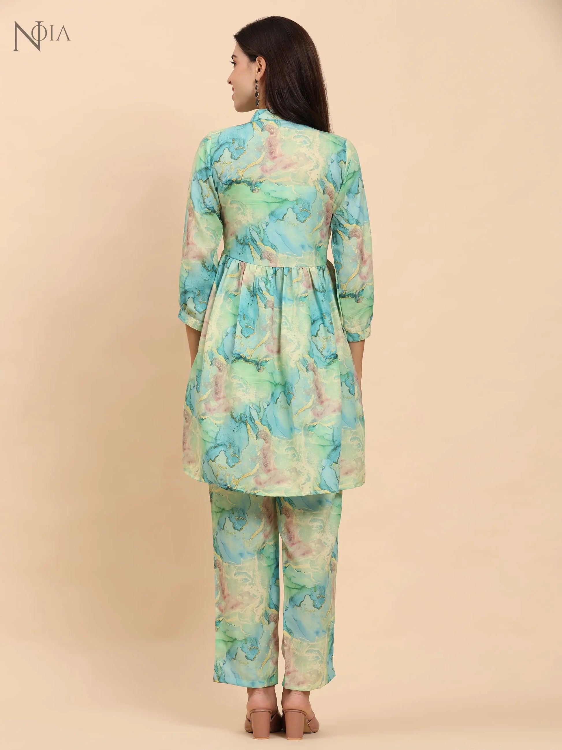Noia Green & Gold Abstract Long Sleeved V-Neck Top with Trousers Noia
