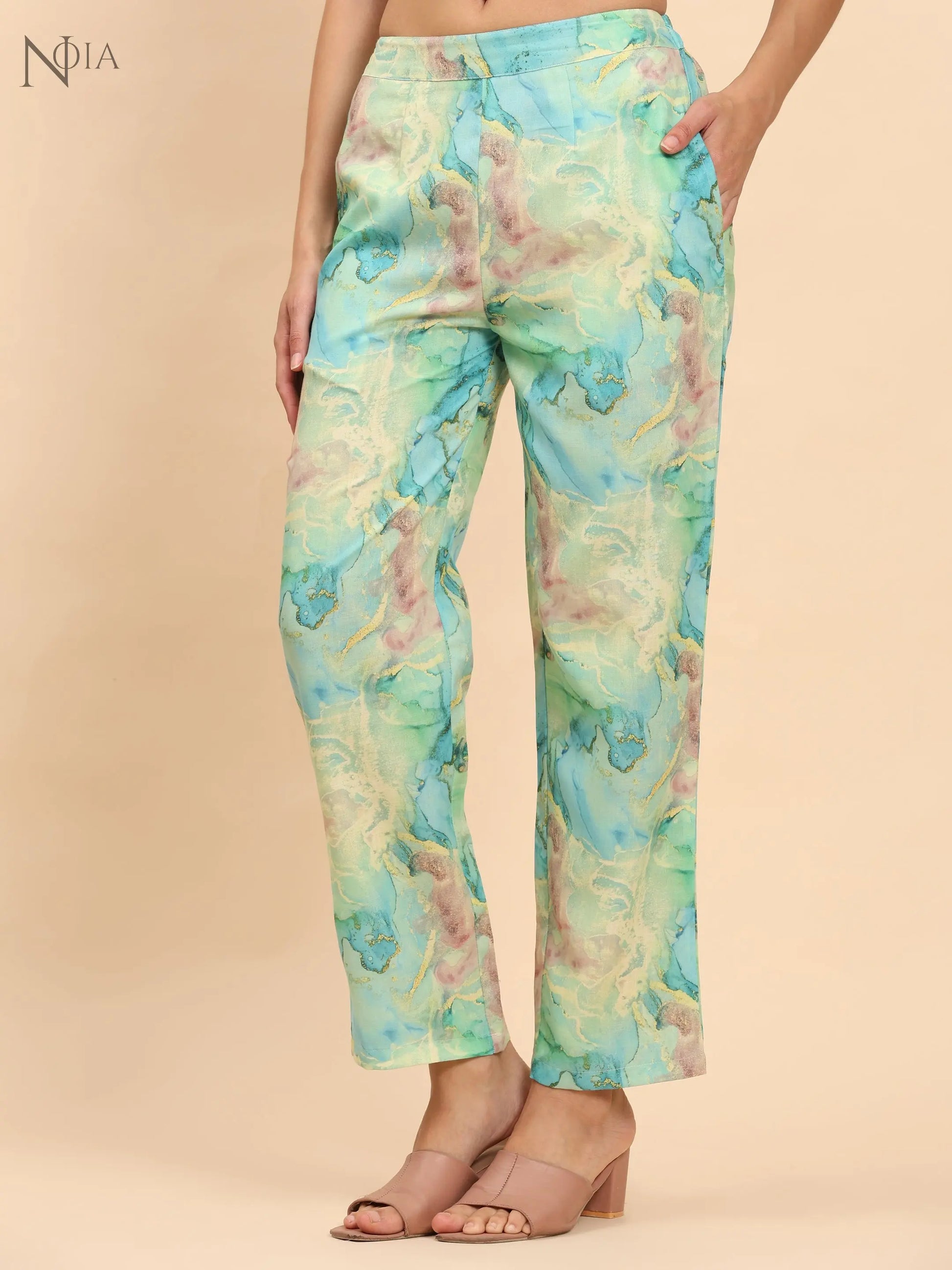 Noia Green & Gold Abstract Long Sleeved V-Neck Top with Trousers Noia