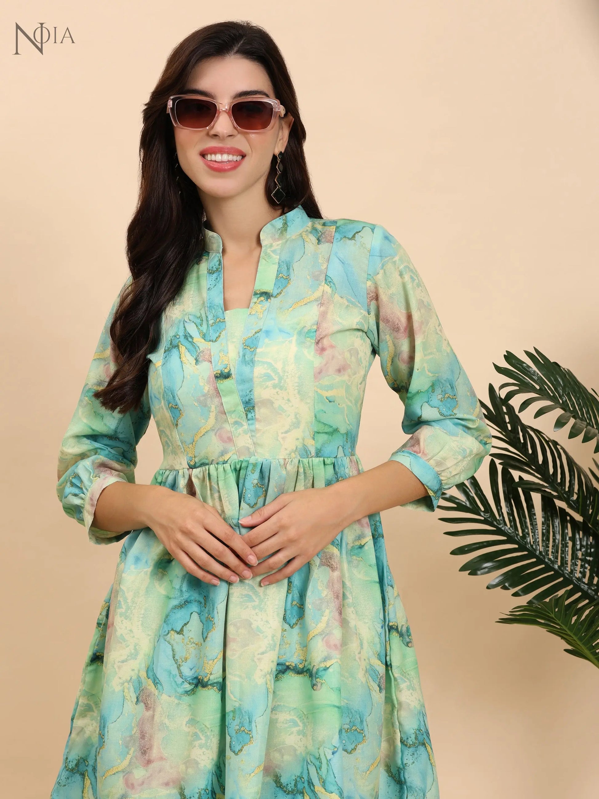 Noia Green & Gold Abstract Long Sleeved V-Neck Top with Trousers Noia
