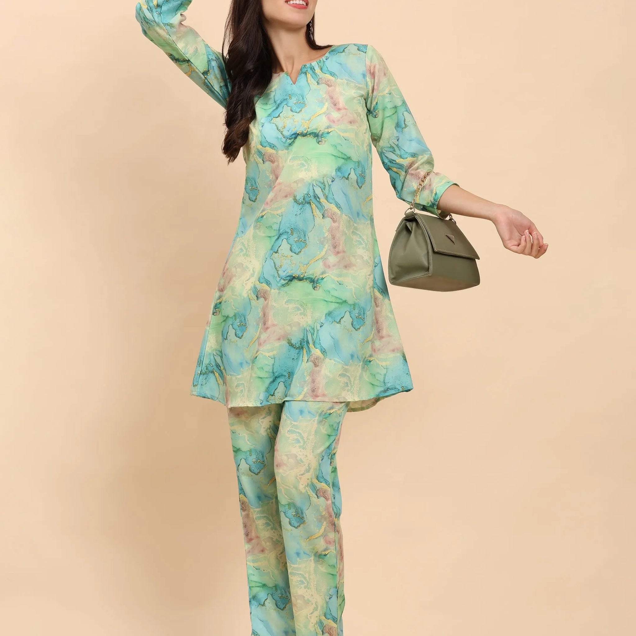 Noia Green & Gold Abstract Round Neck Top with Trousers Noia