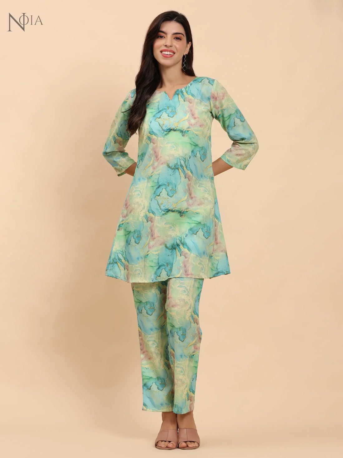 Noia Green & Gold Abstract Round Neck Top with Trousers Noia