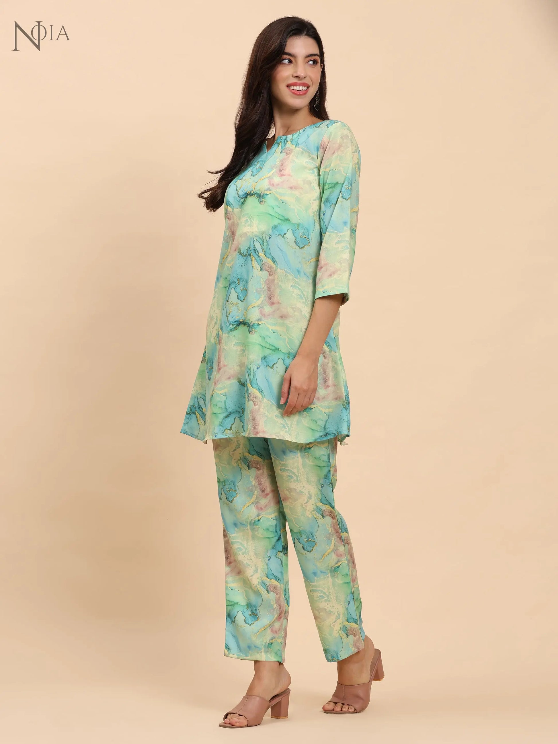 Noia Green & Gold Abstract Round Neck Top with Trousers Noia