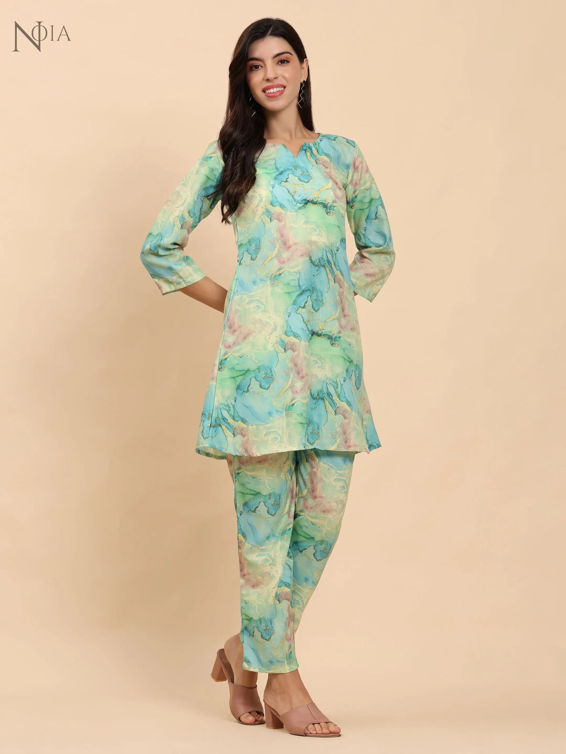 Noia Green & Gold Abstract Round Neck Top with Trousers Noia