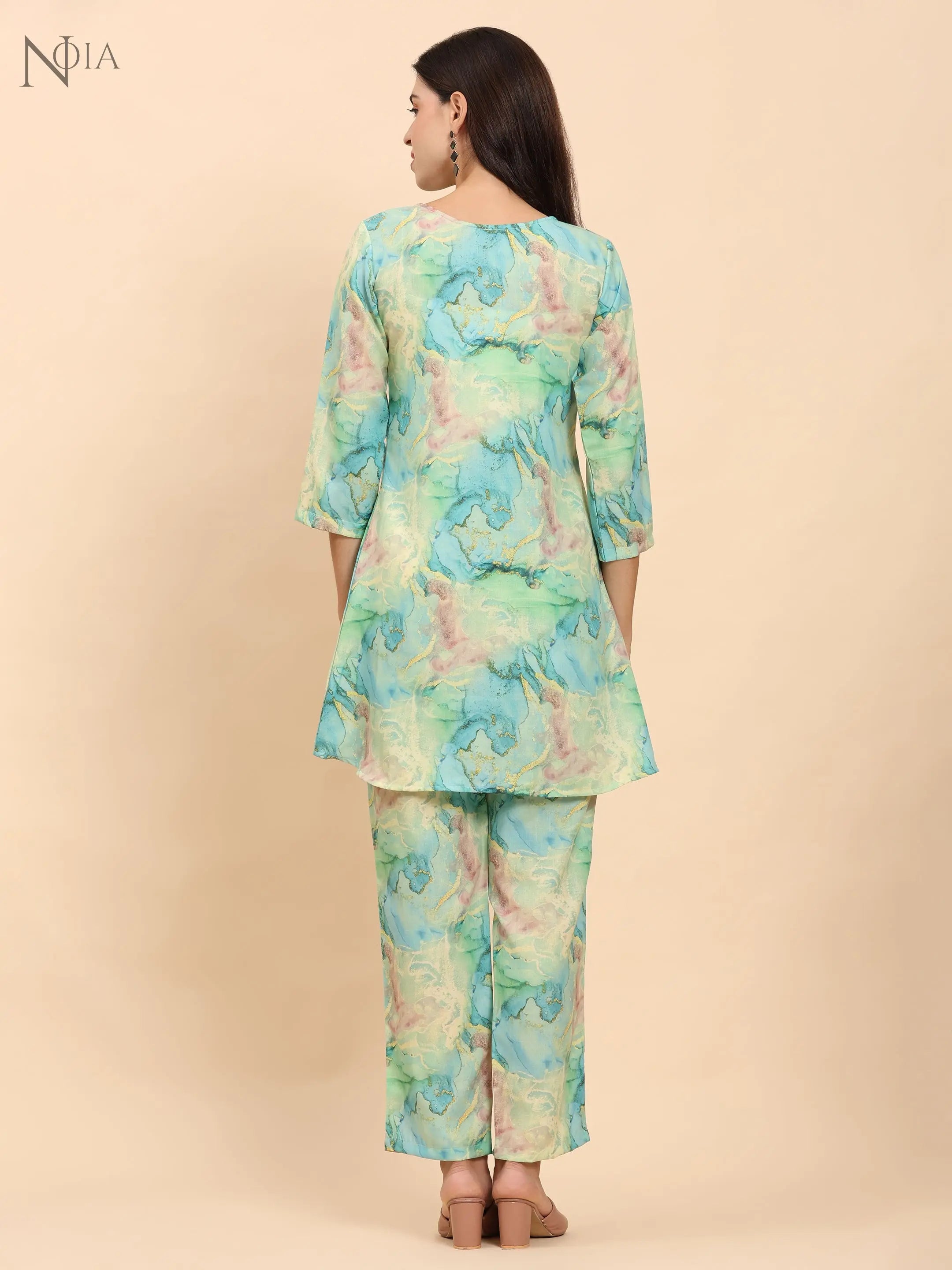Noia Green & Gold Abstract Round Neck Top with Trousers Noia