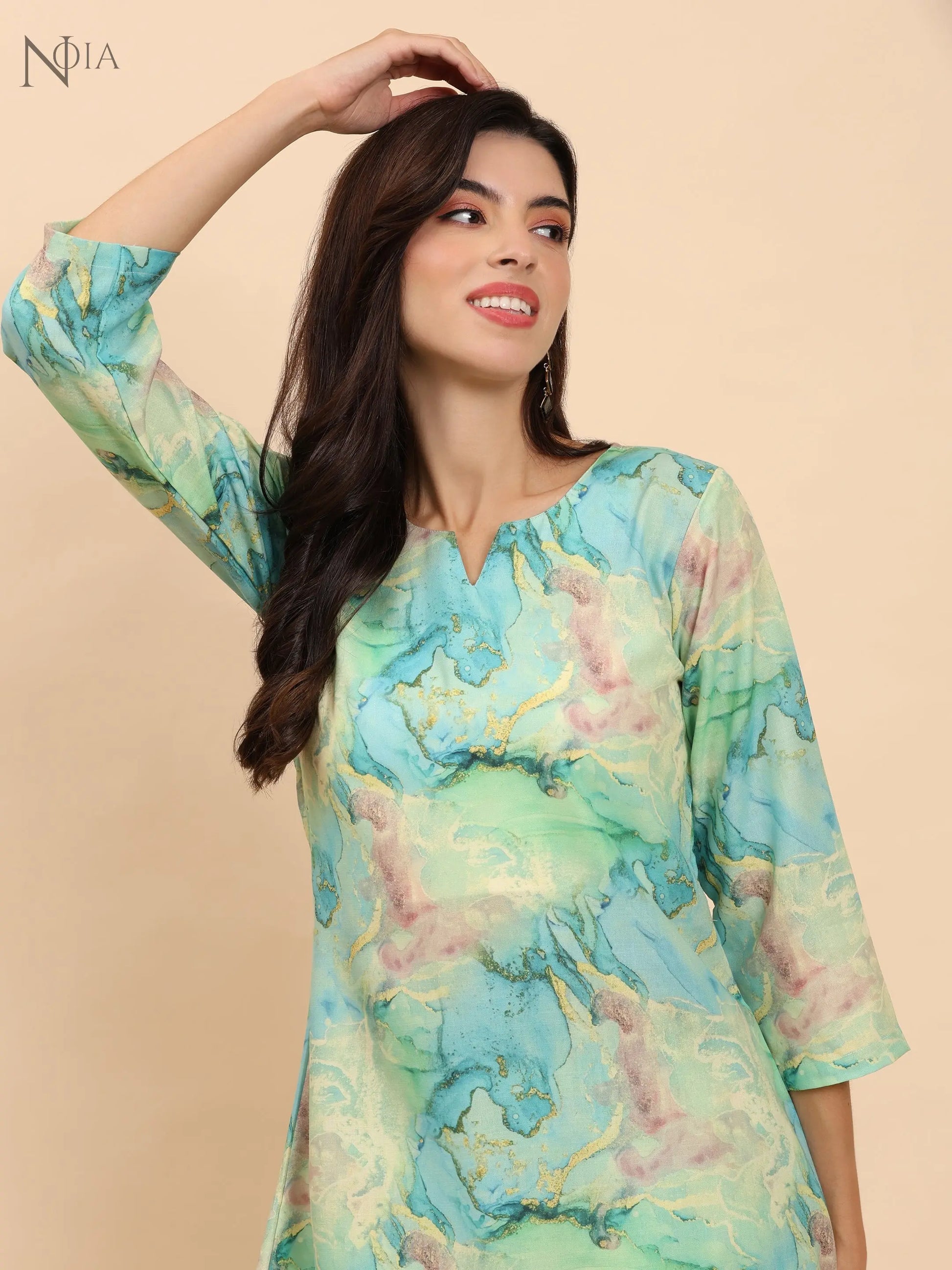 Noia Green & Gold Abstract Round Neck Top with Trousers Noia