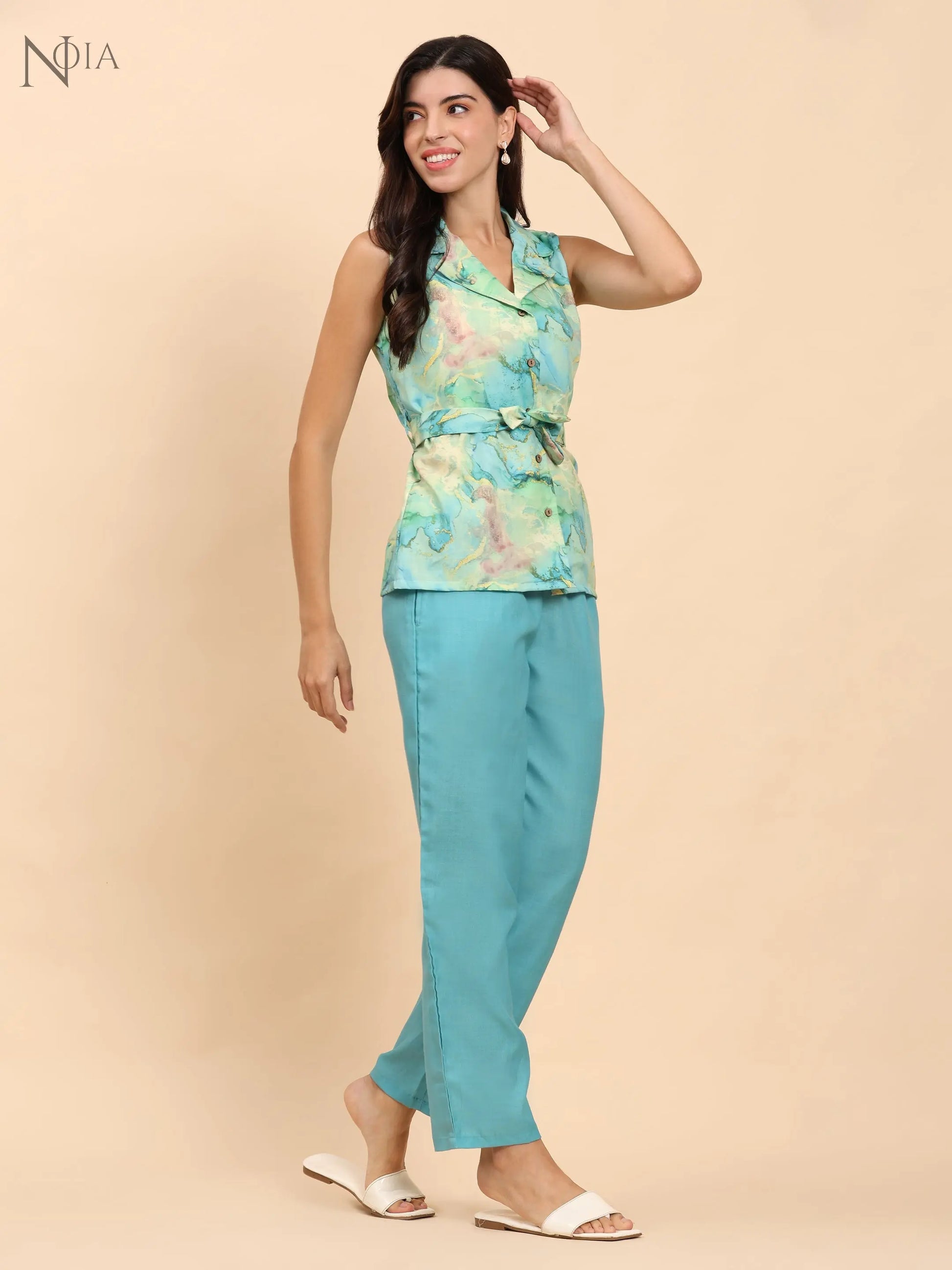 Noia Green & Gold Abstract Shawl Collared Top with Trousers Noia