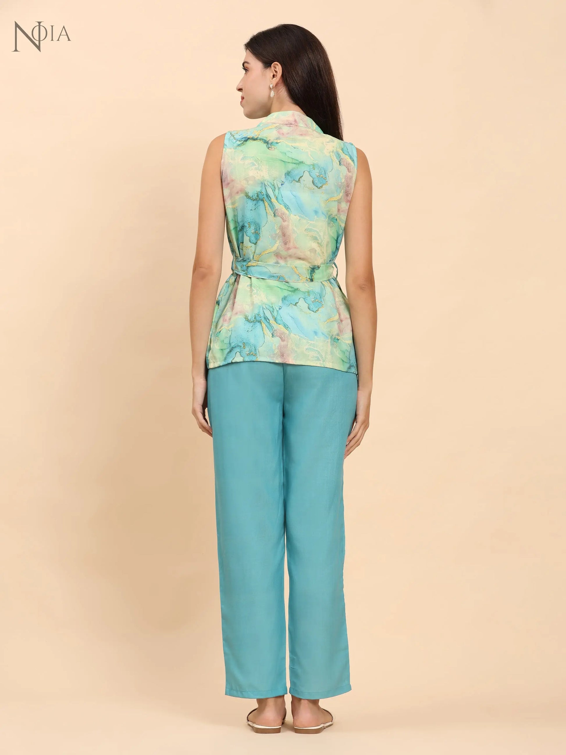 Noia Green & Gold Abstract Shawl Collared Top with Trousers Noia