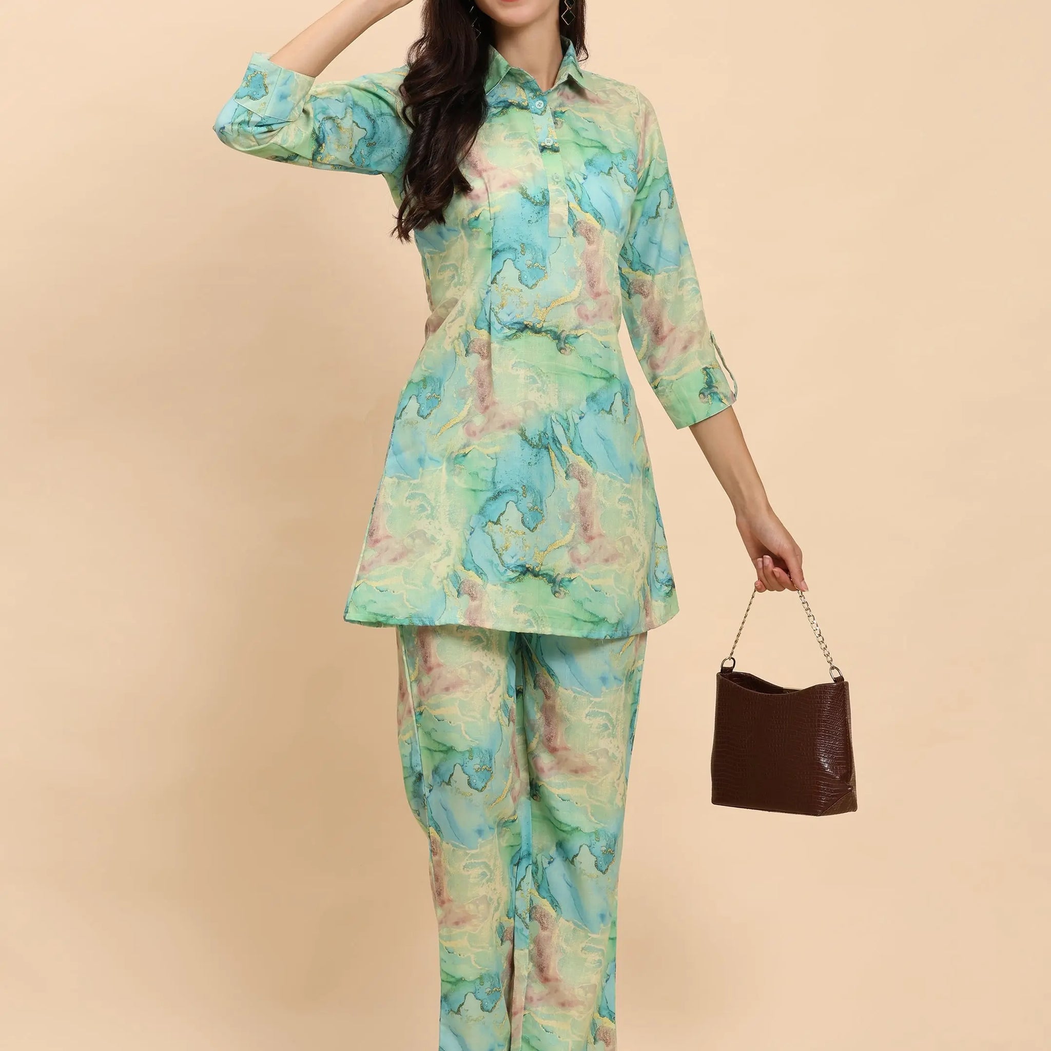Noia Green & Gold Abstract Shirt Collared Top with Trousers Noia