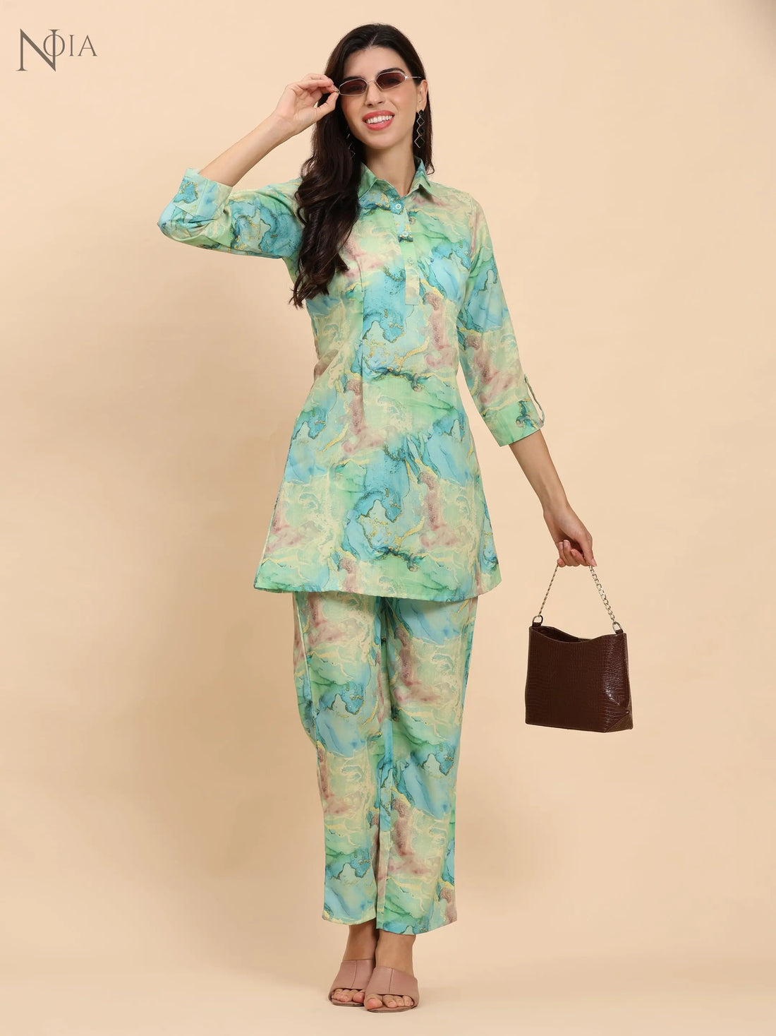 Noia Green & Gold Abstract Shirt Collared Top with Trousers Noia