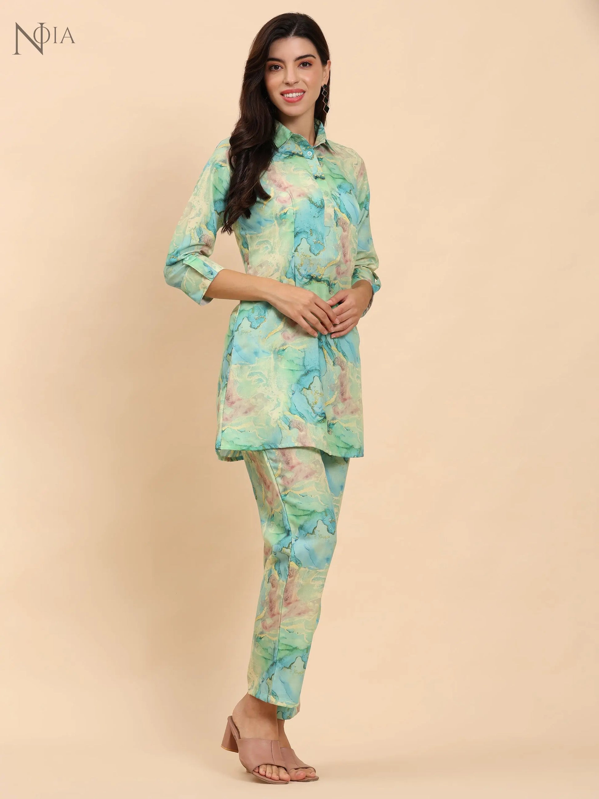 Noia Green & Gold Abstract Shirt Collared Top with Trousers Noia
