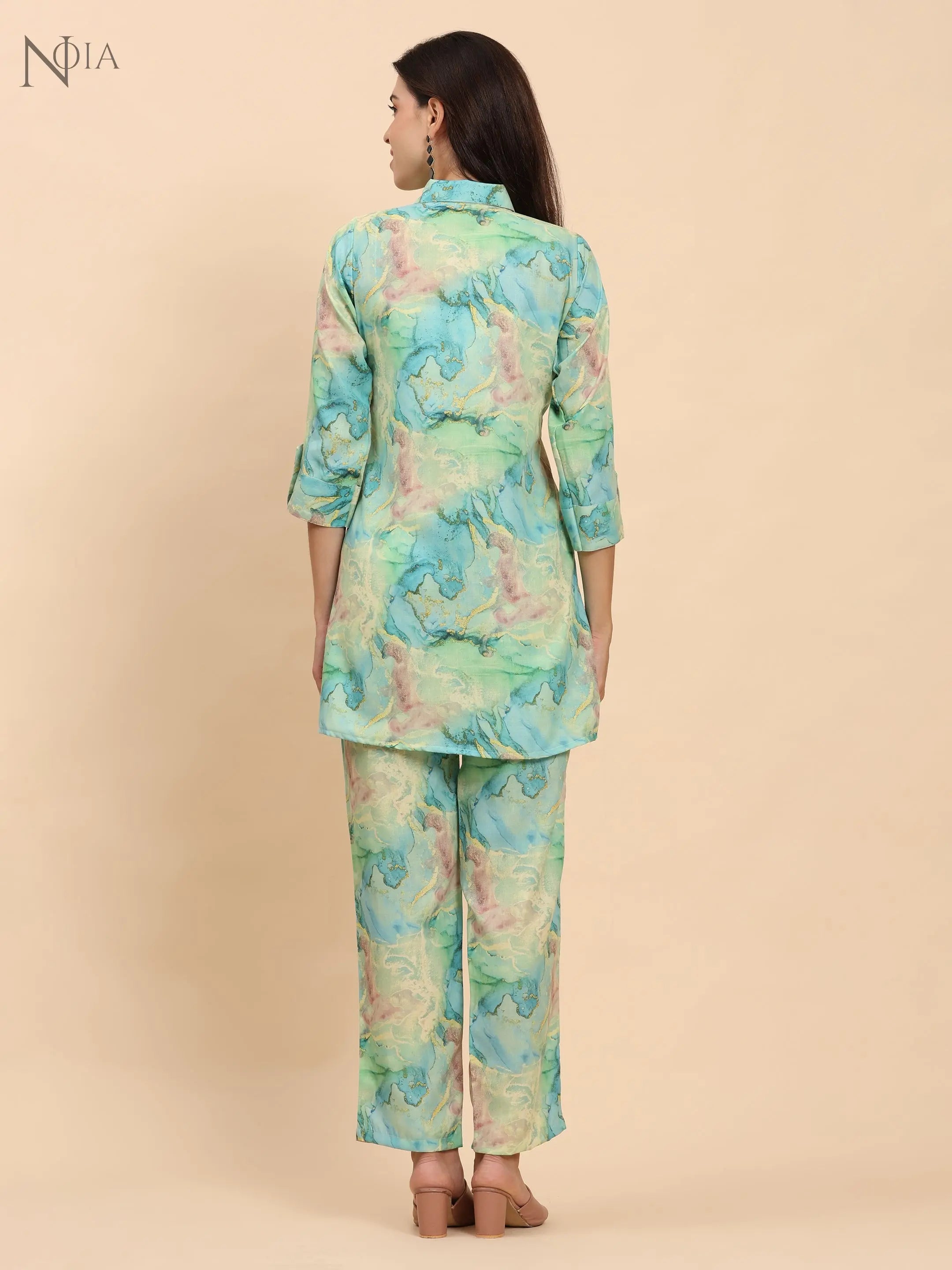 Noia Green & Gold Abstract Shirt Collared Top with Trousers Noia