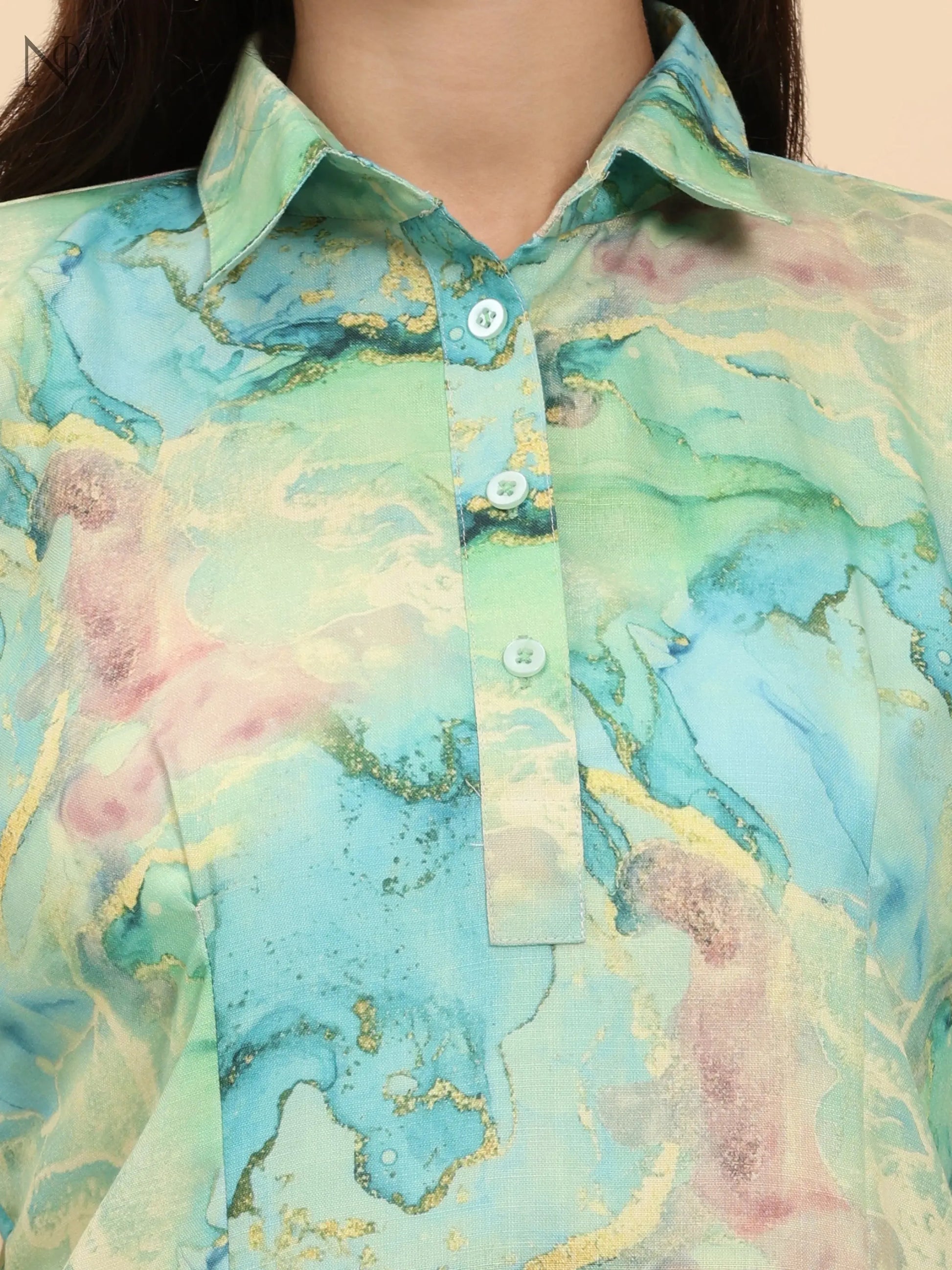 Noia Green & Gold Abstract Shirt Collared Top with Trousers Noia