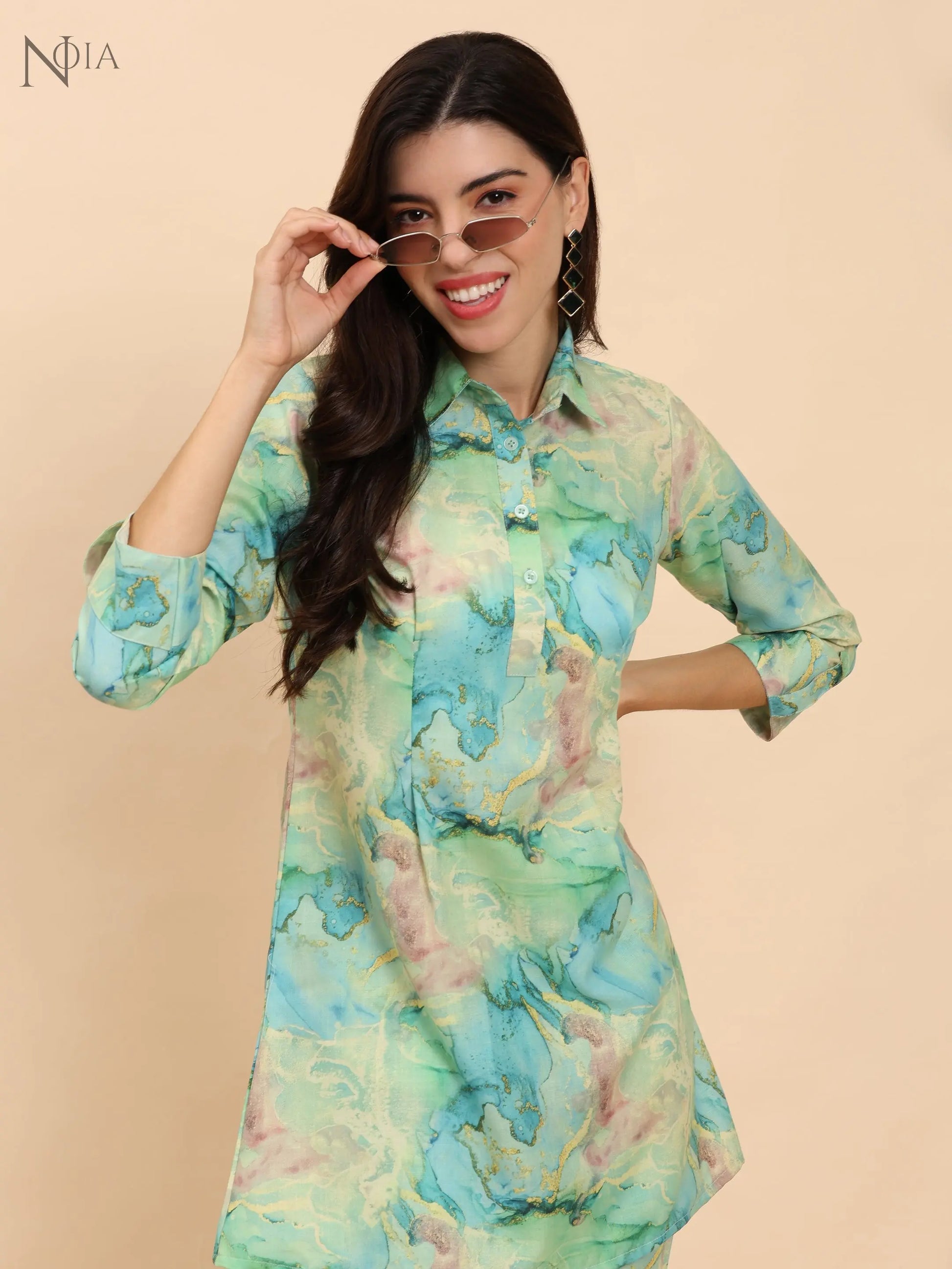 Noia Green & Gold Abstract Shirt Collared Top with Trousers Noia