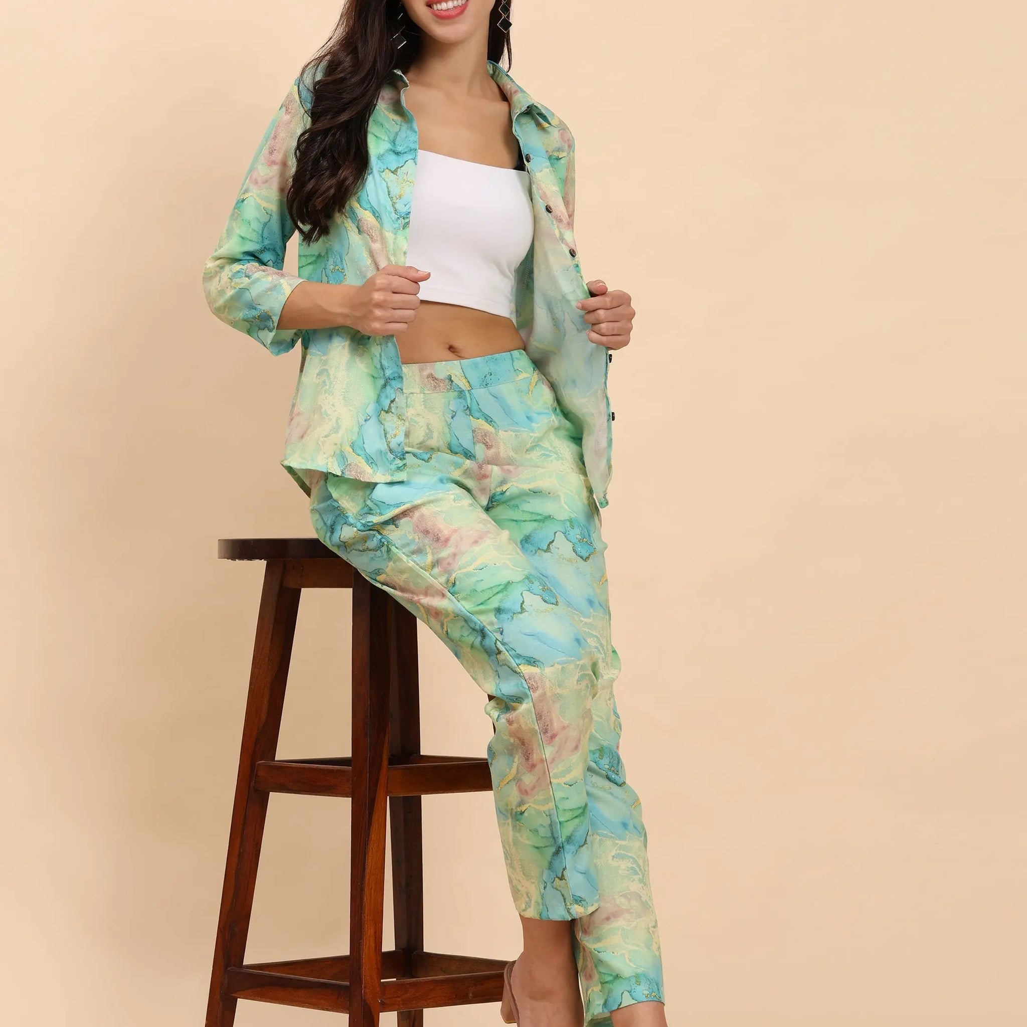 Noia Green & Gold Abstract Shirt with Trousers Noia