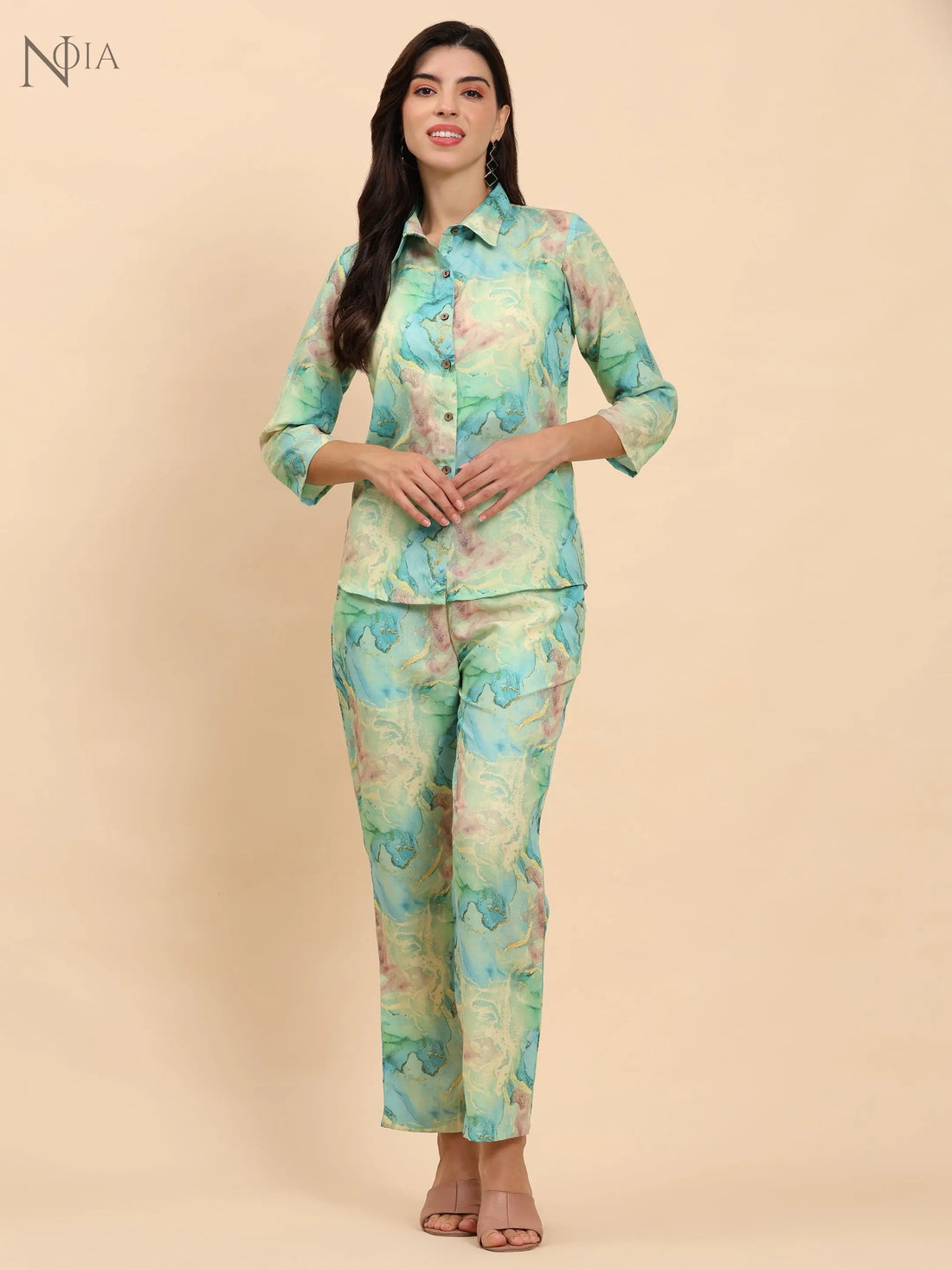 Noia Green & Gold Abstract Shirt with Trousers Noia