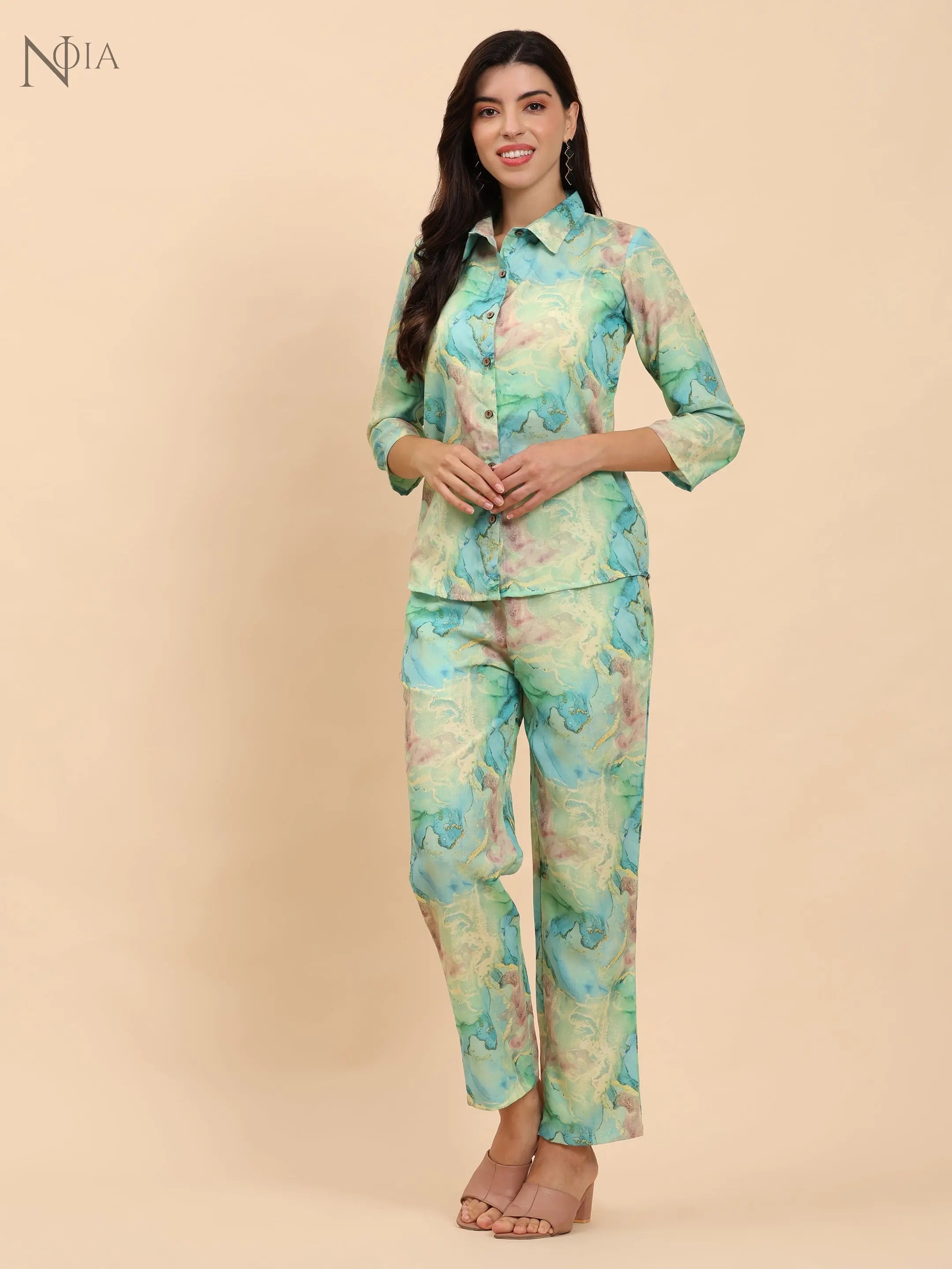 Noia Green & Gold Abstract Shirt with Trousers Noia