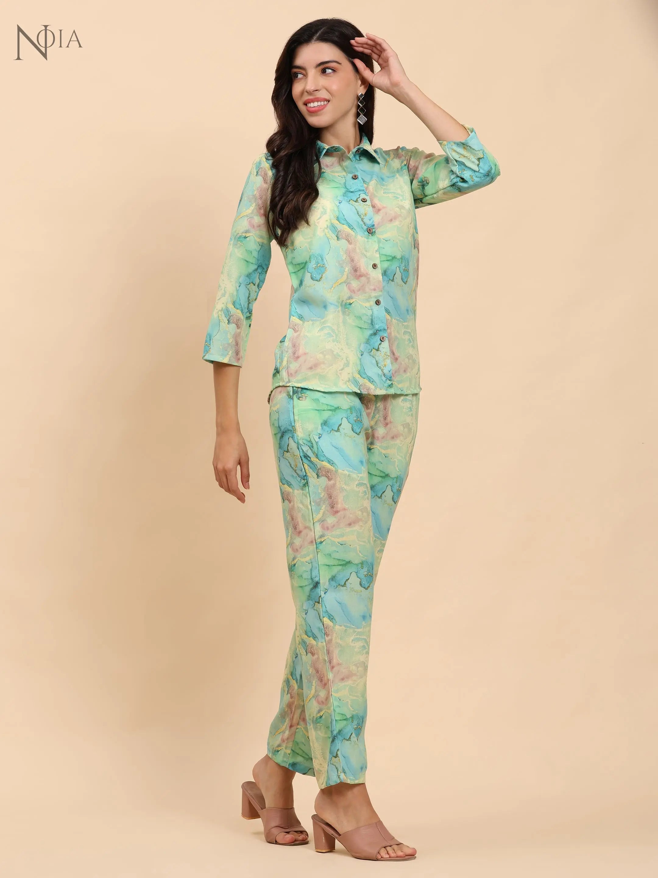 Noia Green & Gold Abstract Shirt with Trousers Noia