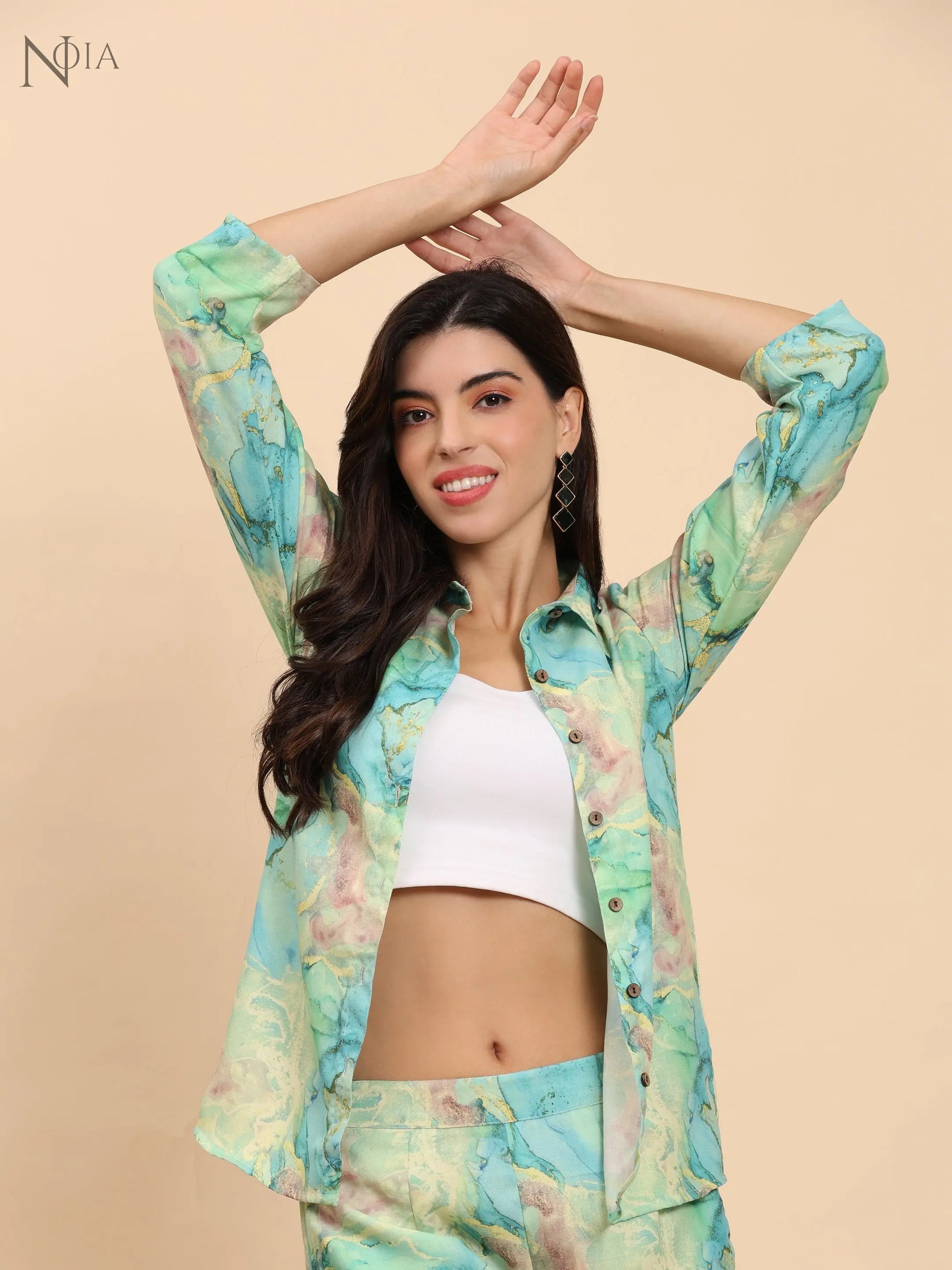 Noia Green & Gold Abstract Shirt with Trousers Noia