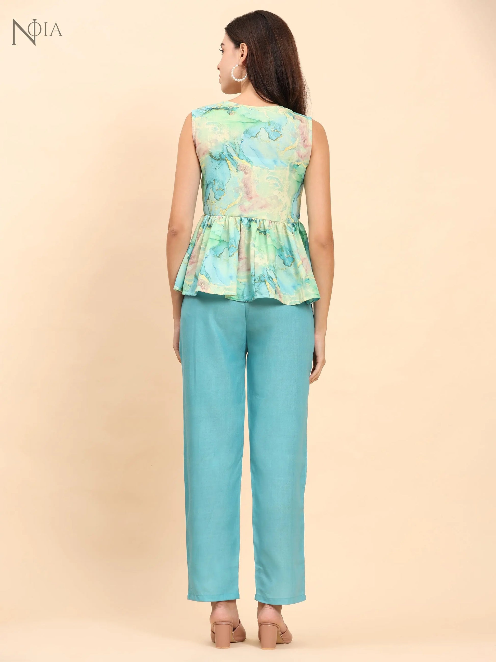 Noia Green & Gold Abstract Sleeveless Peplum Top with Trousers Noia