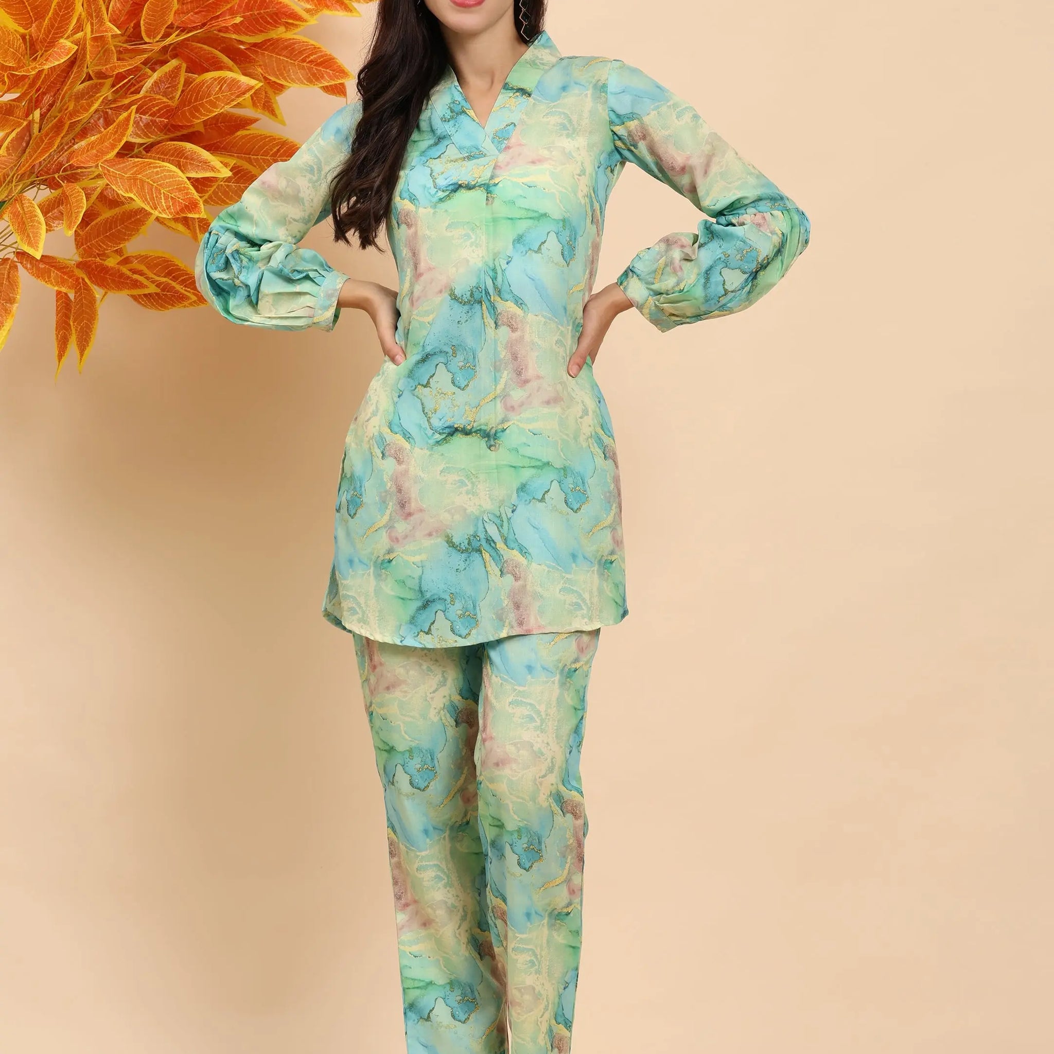 Noia Green & Gold Abstract V Necked Top with Trousers Noia
