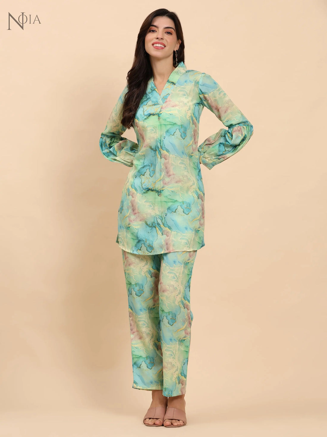 Noia Green & Gold Abstract V Necked Top with Trousers Noia