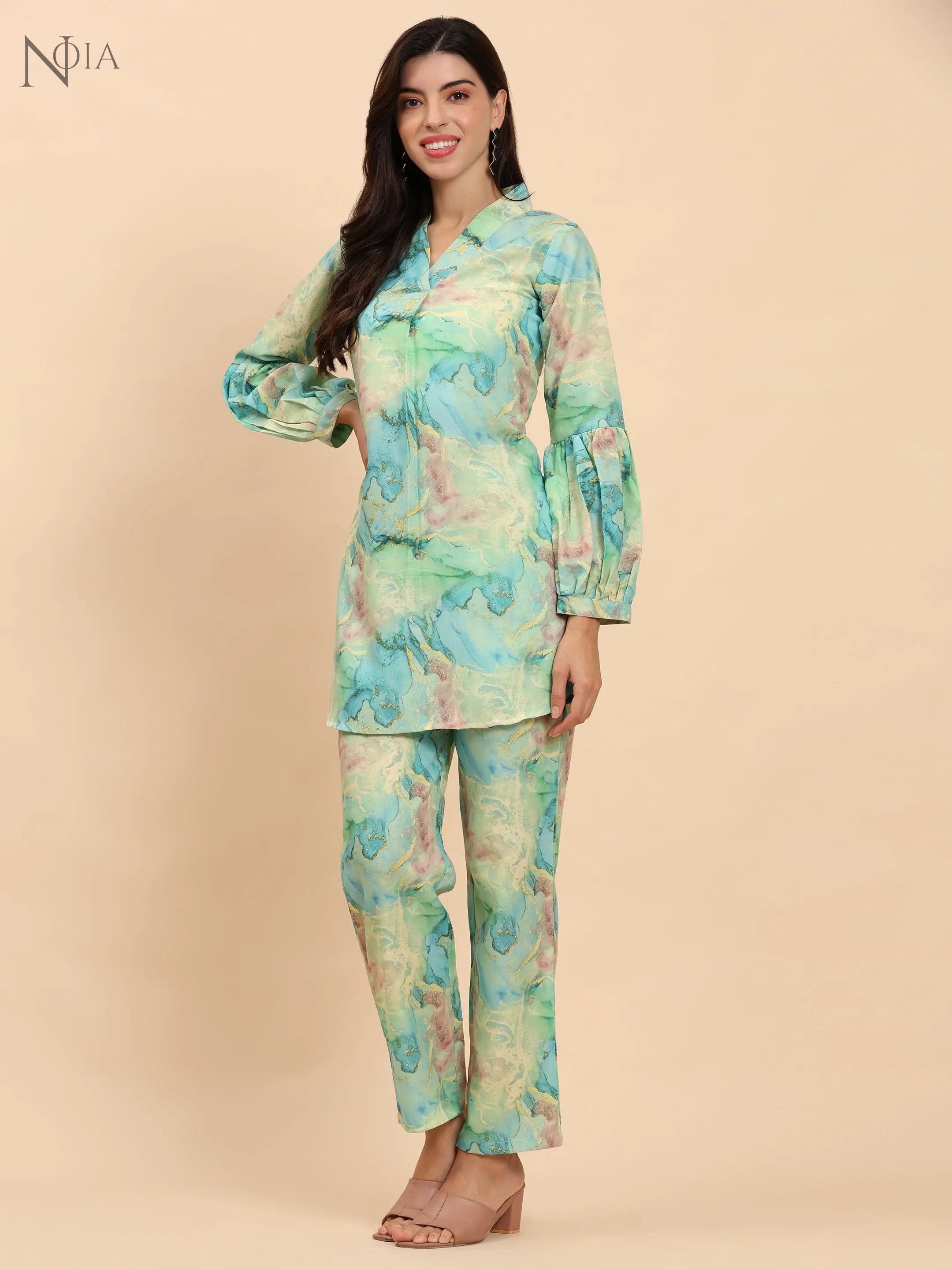 Noia Green & Gold Abstract V Necked Top with Trousers Noia