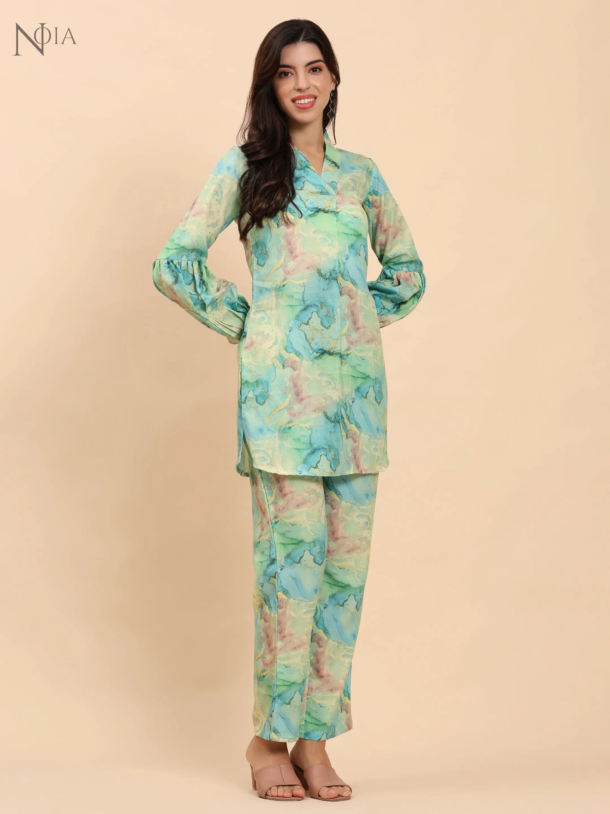Noia Green & Gold Abstract V Necked Top with Trousers Noia