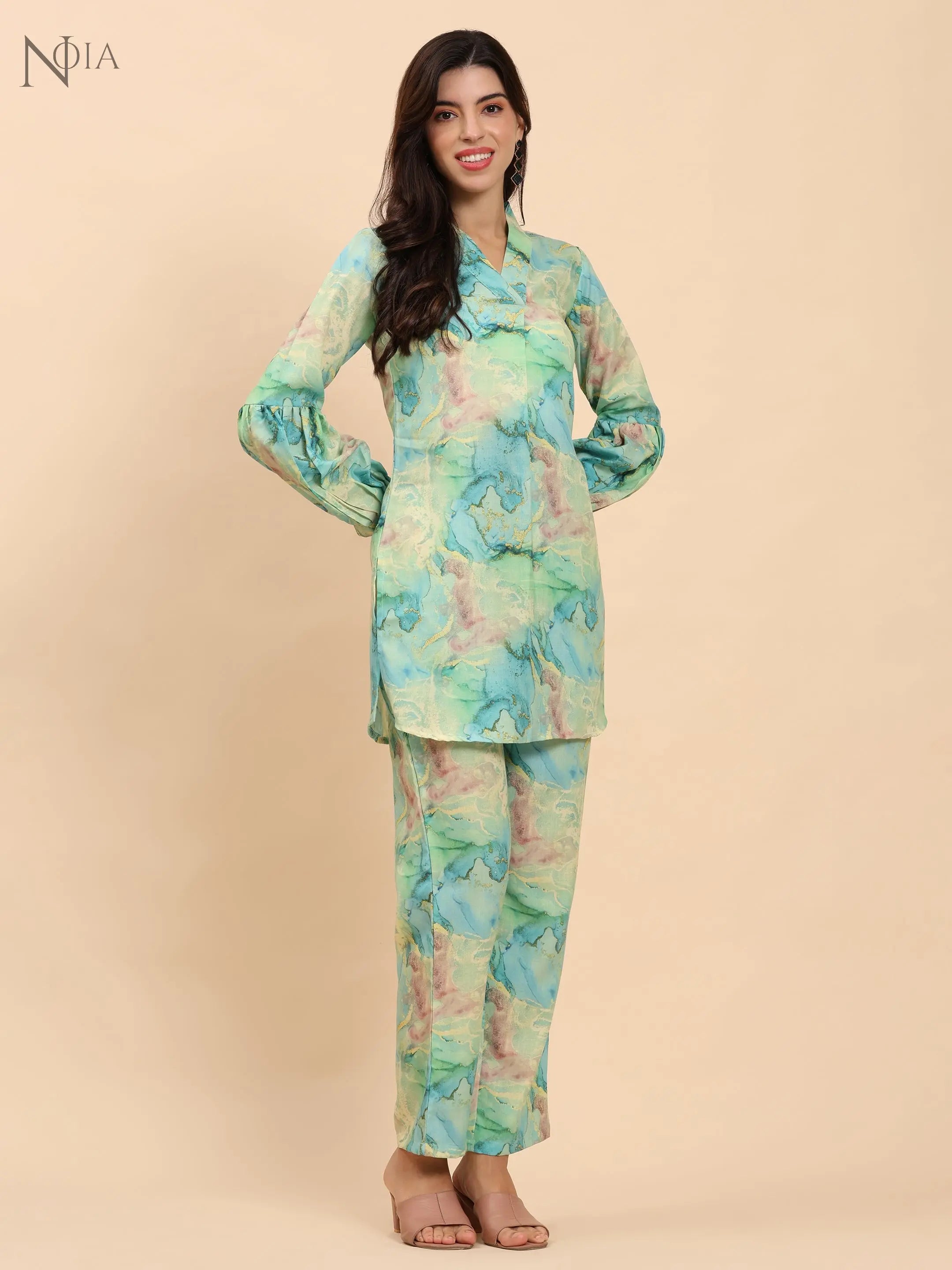 Noia Green & Gold Abstract V Necked Top with Trousers Noia