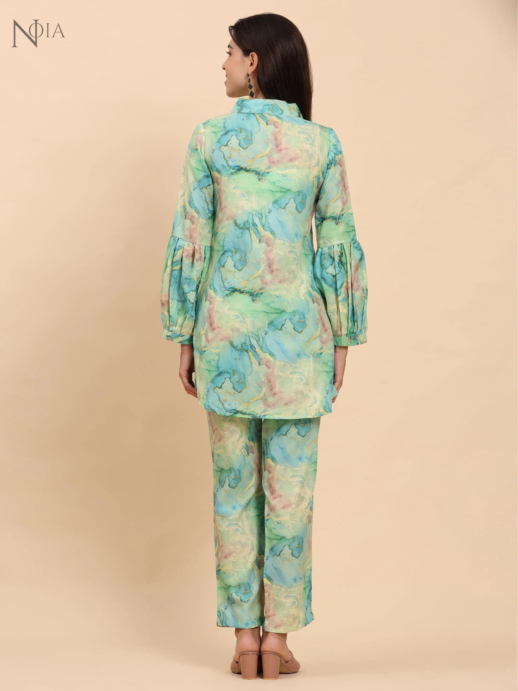Noia Green & Gold Abstract V Necked Top with Trousers Noia